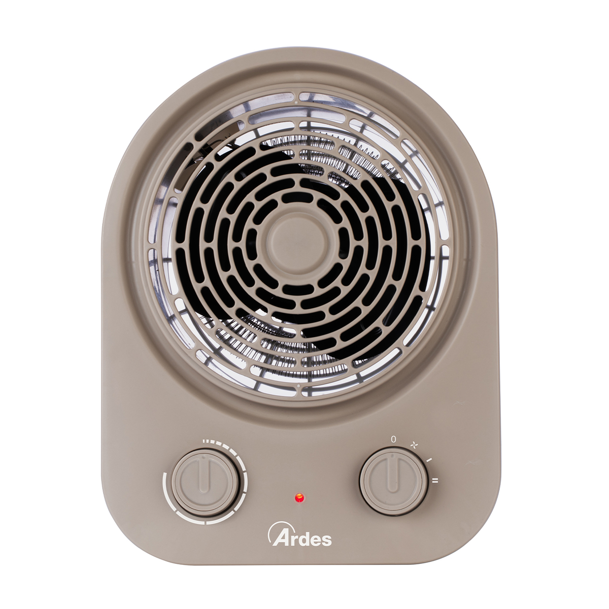 Beżowy grzejnik elektryczny Ardes. Posiada okrągłą kratkę i dwa pokrętła sterowania. Widoczne jest logo Ardes. Świeci się czerwone światło.