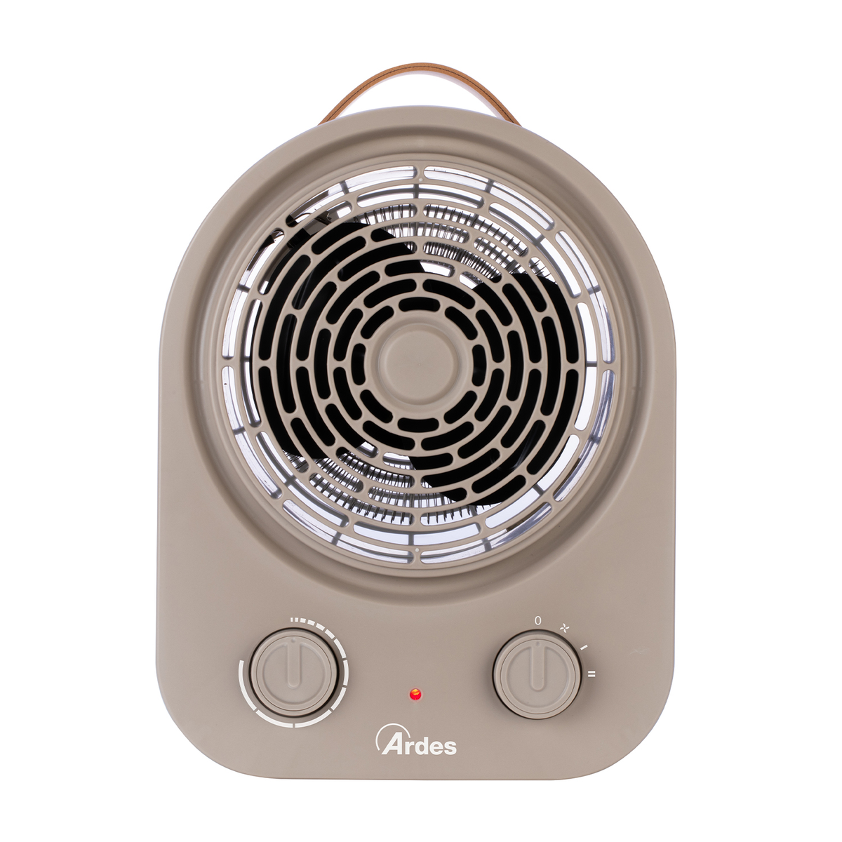 Beżowy grzejnik elektryczny z uchwytem. Posiada wentylator, dwa pokrętła i czerwoną lampkę.