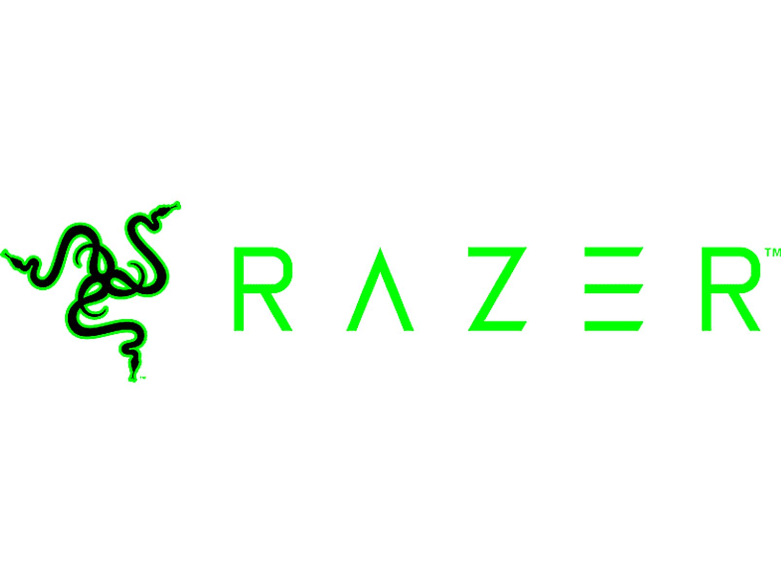 Logo Razer na białym tle. Zielone logo węża znajduje się po lewej stronie. Słowo RAZER jest zielone, obecny jest znak towarowy.