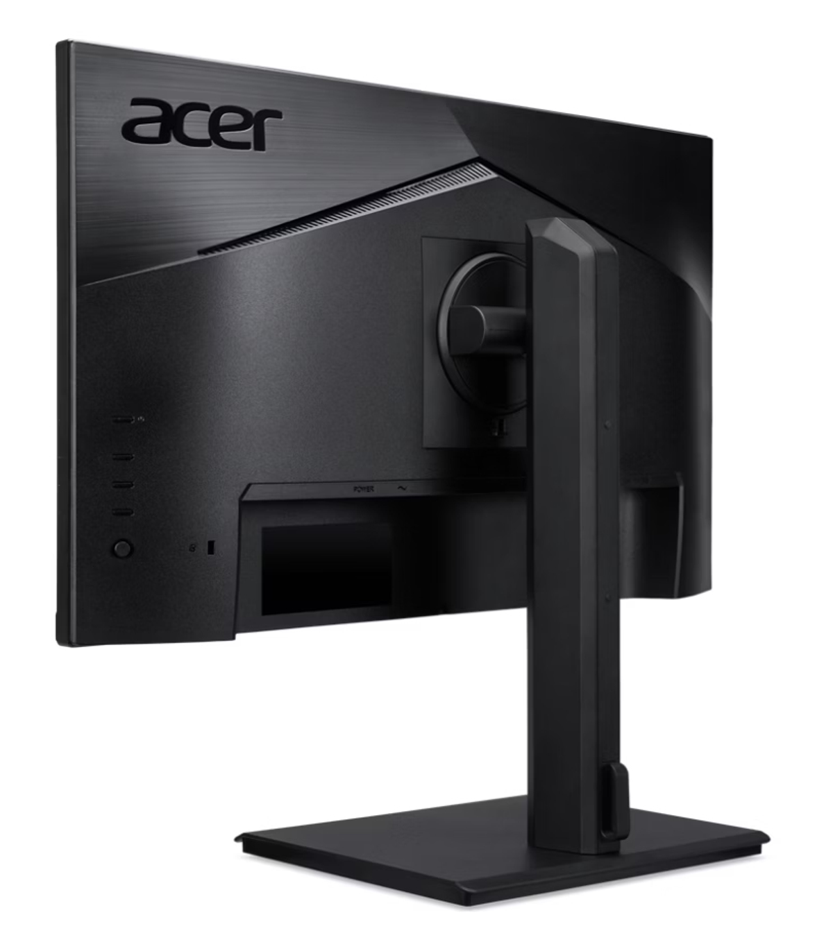 Czarny monitor Acer z tyłu. Zawiera stojak, porty i logo. Wejście zasilania widoczne. Monitor stoi na białym tle.