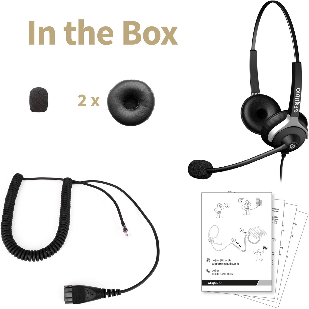 Das Bild zeigt Headset-Komponenten: Headset, Ersatz-Ohrpolster, Mikrofonabdeckung, Spiralkabel und Anleitungen. Text: 'In the Box'.