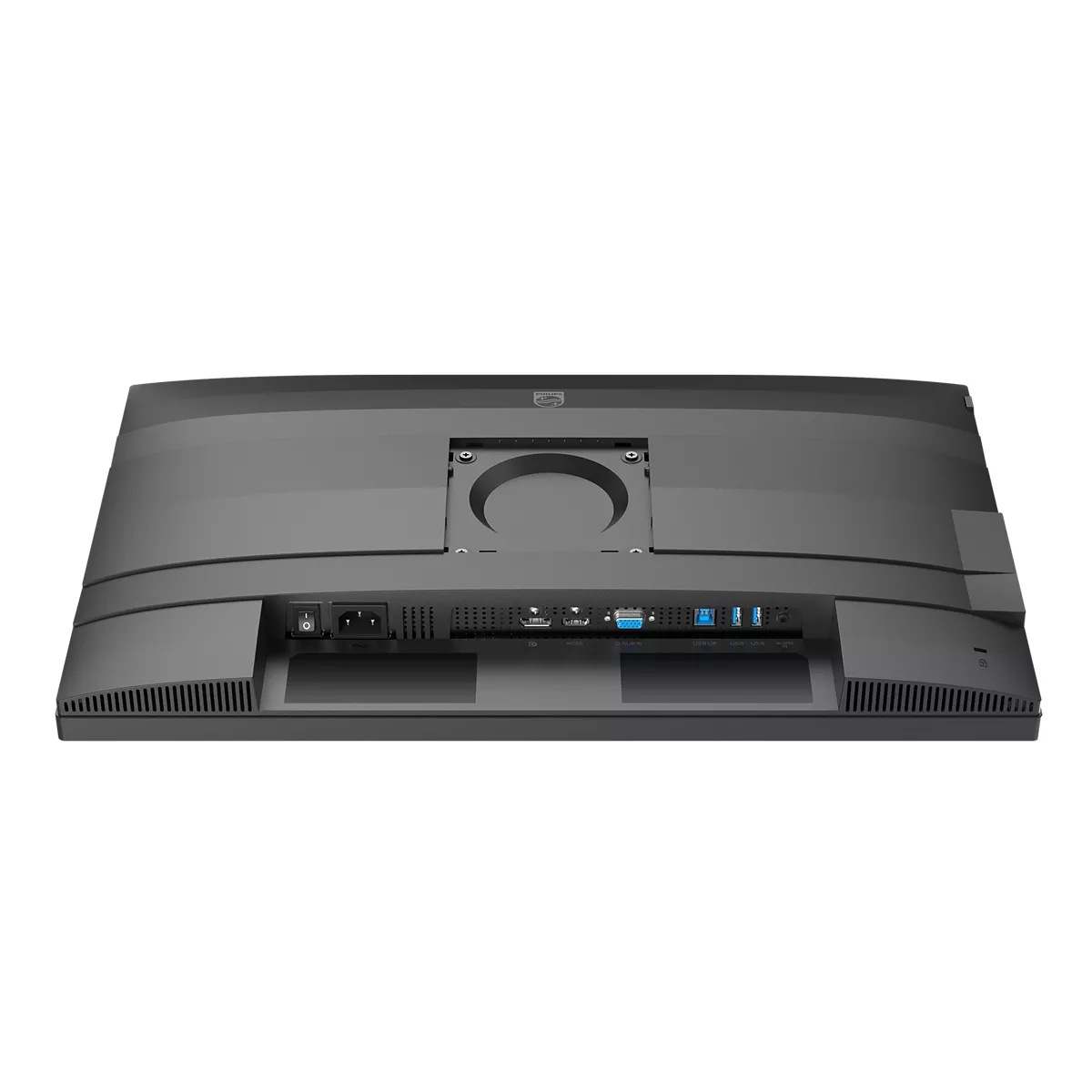 Widok z tyłu czarnego monitora komputera. Posiada porty, przycisk zasilania i wspornik montażowy. Tło jest białe.