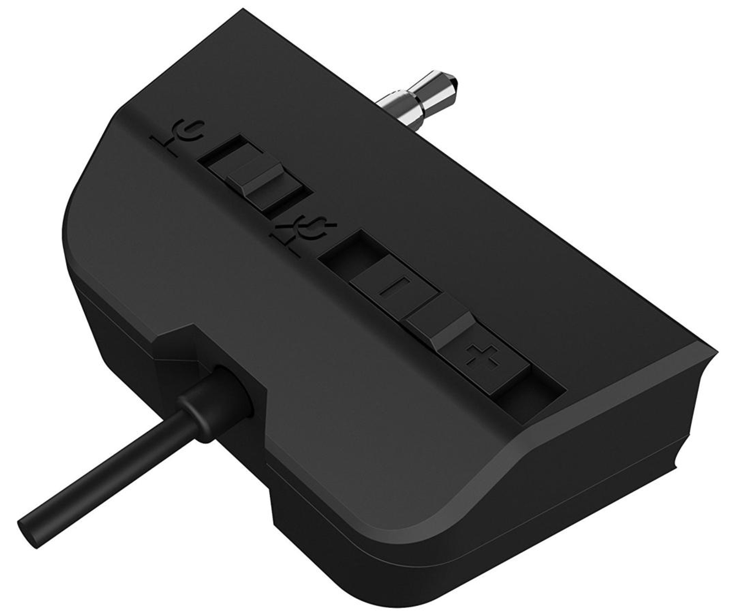 Ein schwarzer Audioadapter mit Kabel und 3,5-mm-Klinke. Es hat Knöpfe und ein Energie-Symbol.
