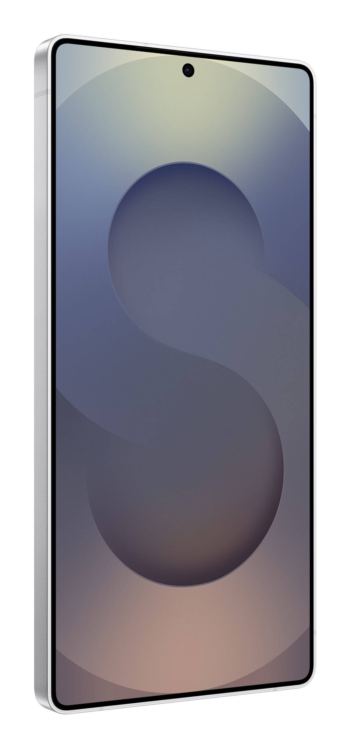 Srebrny smartfon jest wyświetlany pod kątem. Ekran pokazuje gradient kolorów, z aparatem na górze.