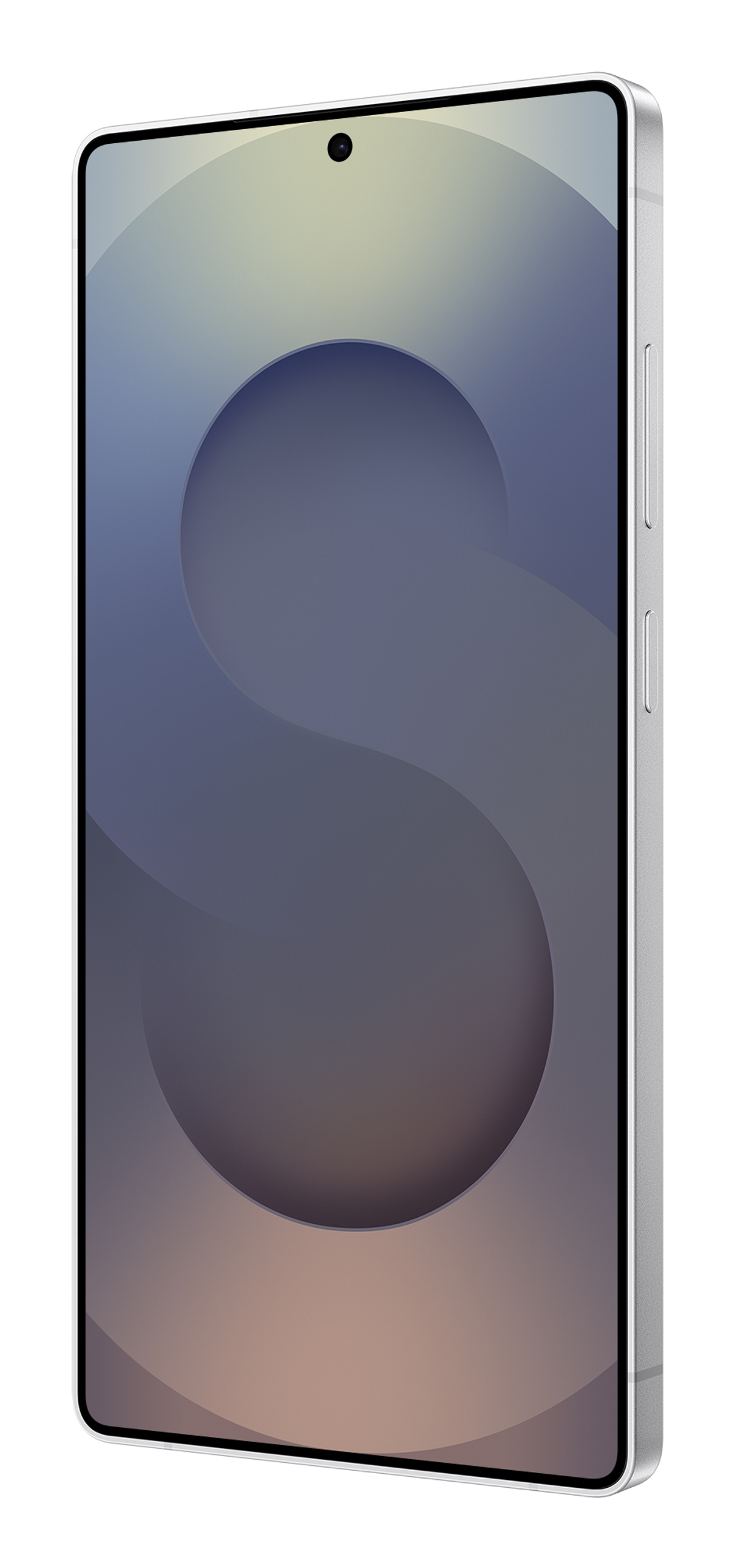 Srebrny smartfon z gradientowym wyświetlaczem. Ekran ma duży okrągły wzór w odcieniach niebieskiego i brązu.