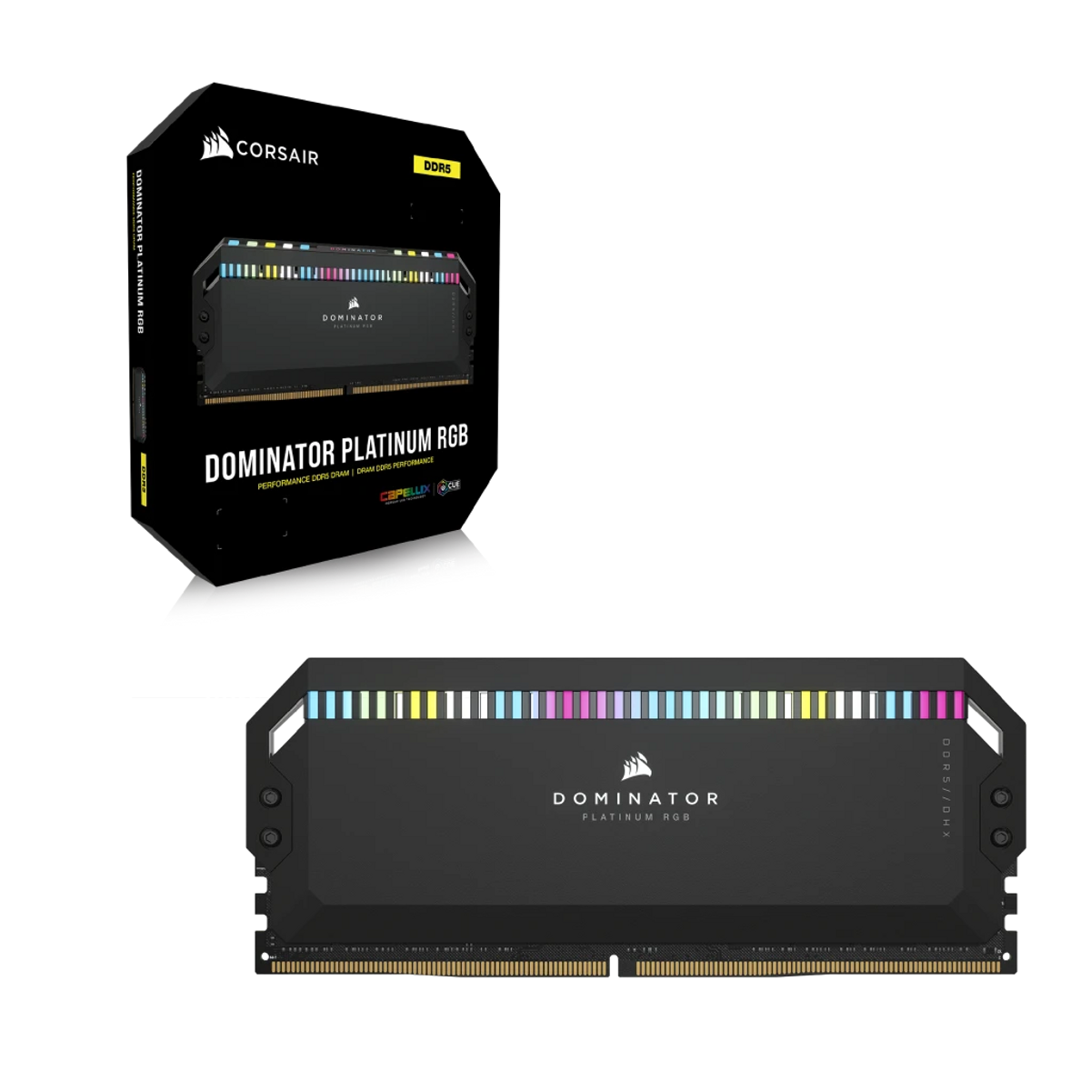 Czarny moduł RAM Corsair Dominator Platinum RGB DDR5 z kolorowymi światłami i jego pudełko. Na pudełku nazwa produktu.