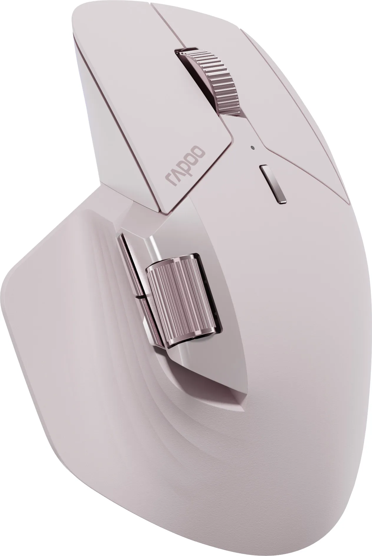 Une souris ergonomique rose clair avec des molettes argentées et un bouton. Le logo Rapoo est visible. Le fond est blanc.