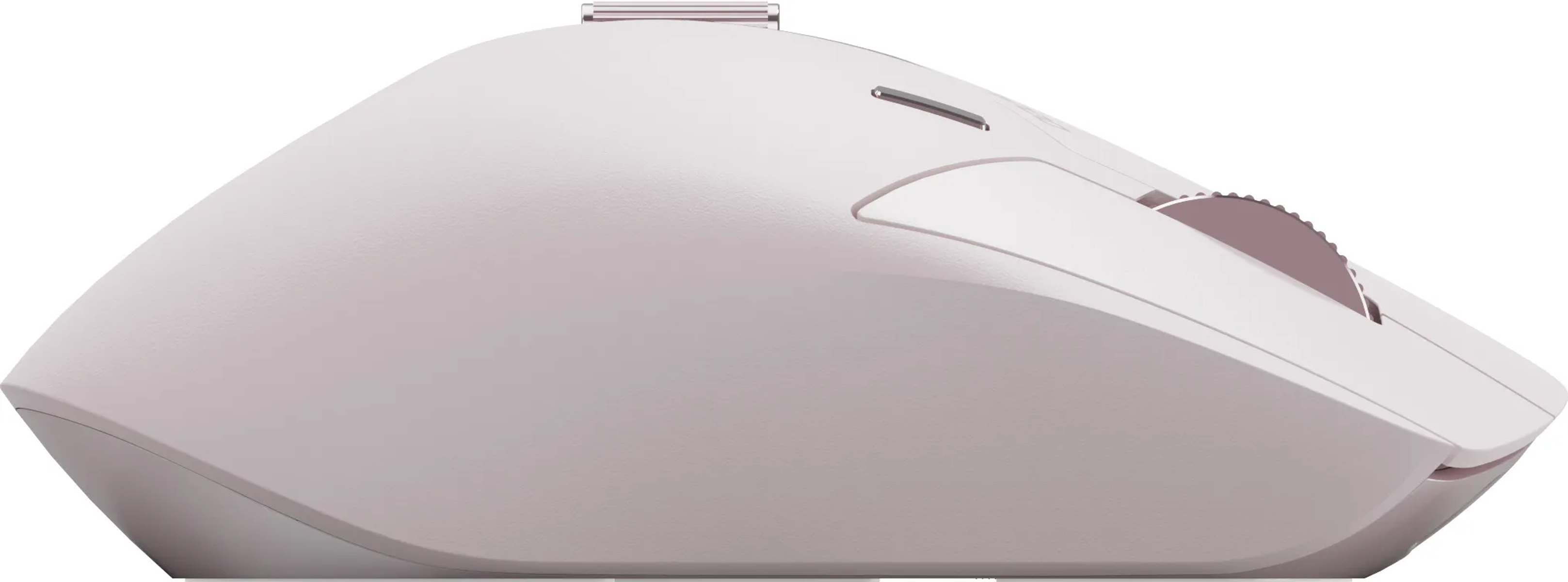 Vue latérale d'une souris rose avec molette et bouton.