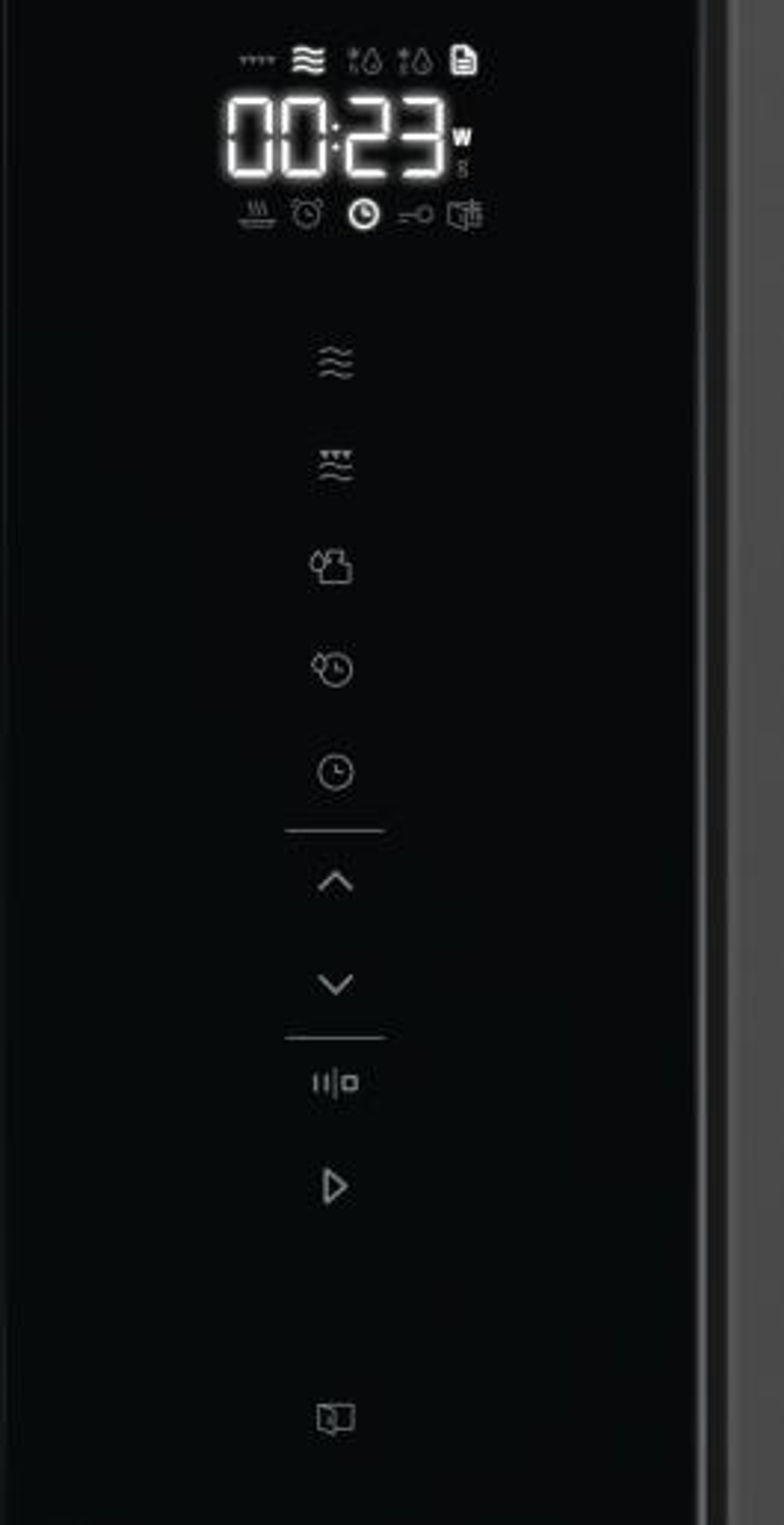 Czarny panel sterowania z cyfrowym wyświetlaczem '00:23'. Ikony ustawień i funkcji. Przyciski regulacji również obecne.