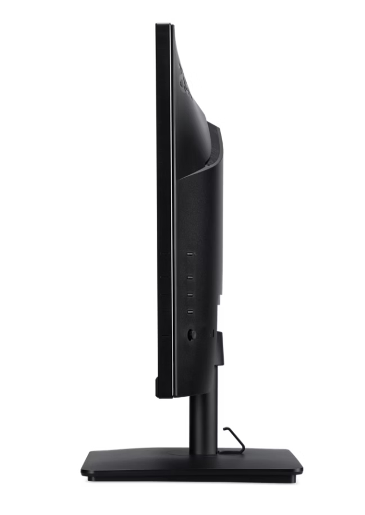 Widok z boku czarnego monitora komputerowego. Stoi na czarnym stojaku z kwadratową podstawą. Tło jest białe.