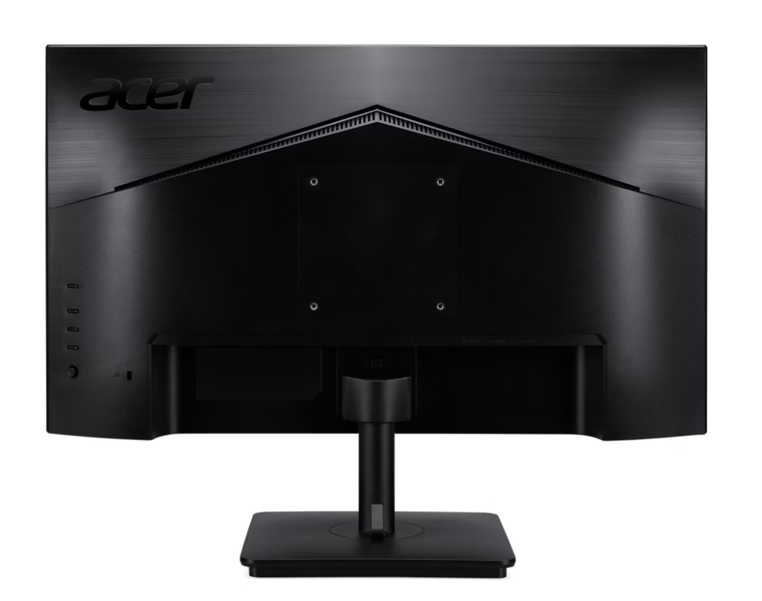 Widok z tyłu czarnego monitora Acer. Widoczny jest stojak, połączenia i logo Acer. Tło jest białe.