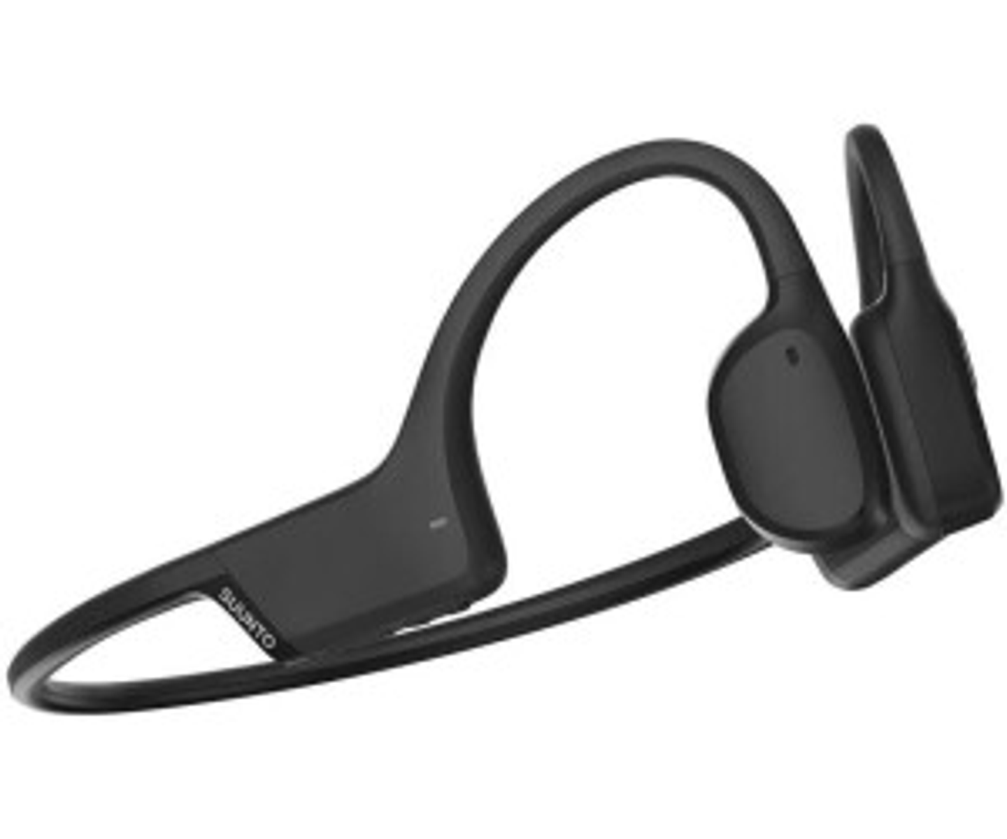 Czarne słuchawki kostne na białym tle. Słuchawki mają zakrzywiony kształt, widoczna marka "SUUNTO".