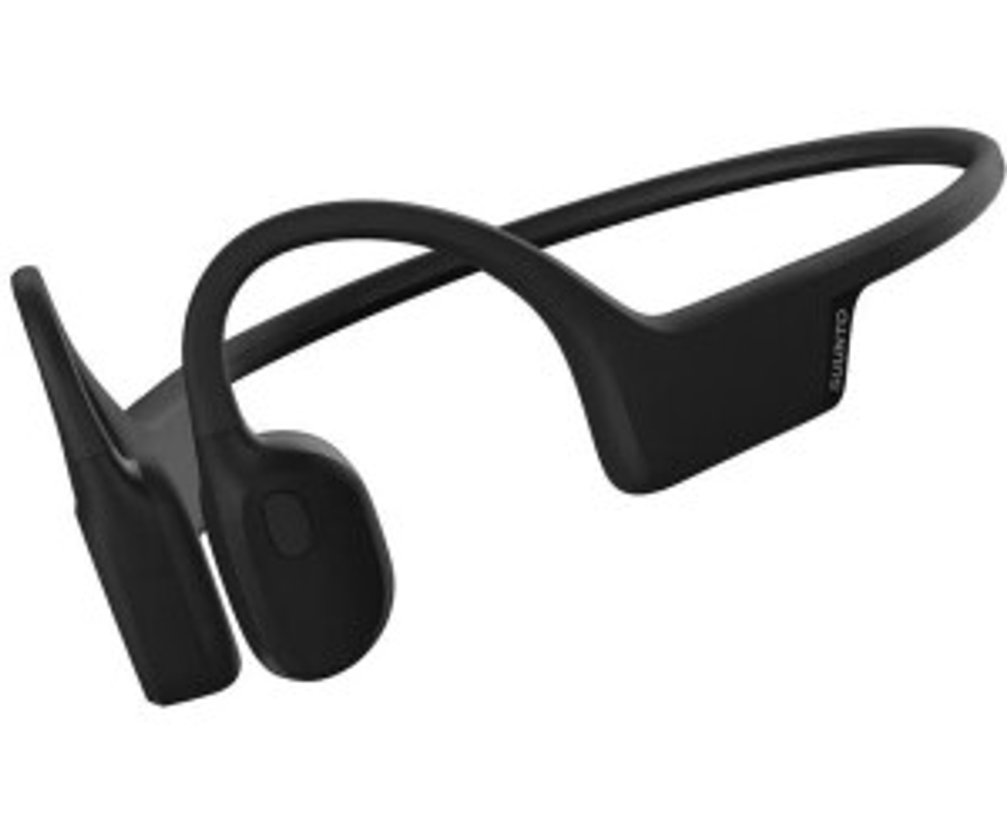 Czarne słuchawki kostne. Mają zakrzywiony kształt, z nazwą marki 'SUUNTO' widoczną z boku.