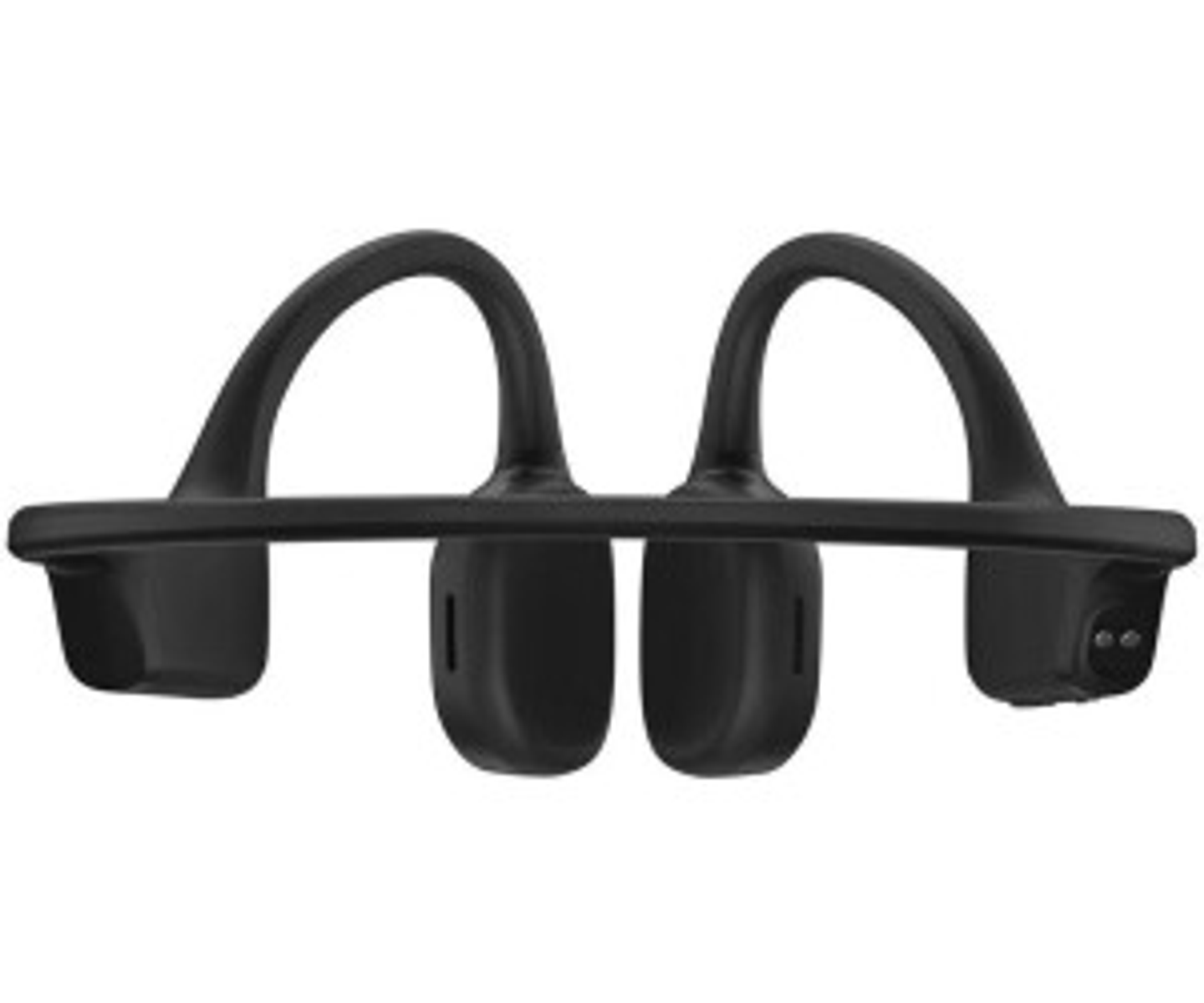 Czarny zestaw słuchawkowy przewodnictwa kostnego, z dwoma łukowatymi pętlami na uszy połączonymi poziomym paskiem. Urządzenie spoczywa na białym tle.