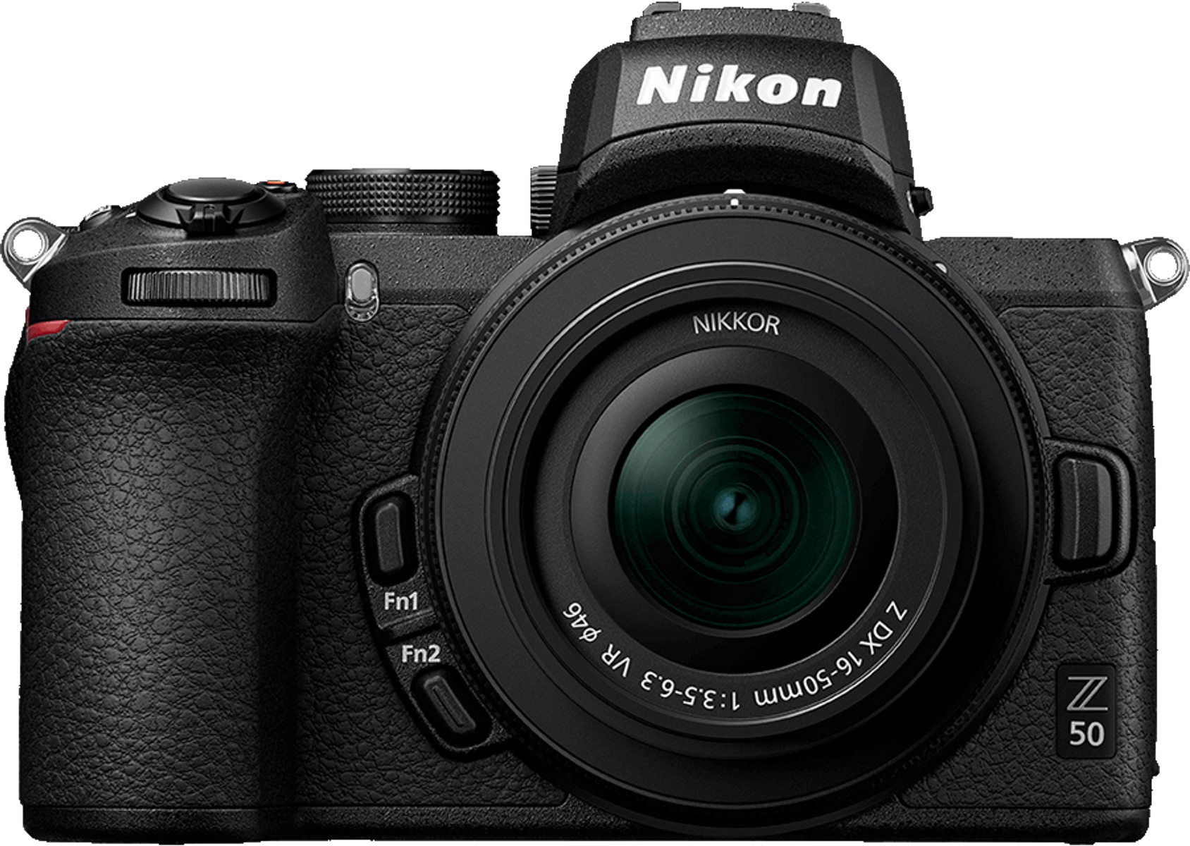 Schwarze Nikon Z 50 Kamera, Vorderansicht, mit Objektiv und Knöpfen. Das Objektiv ist mit Nikkor Z DX 16-50mm beschriftet.
