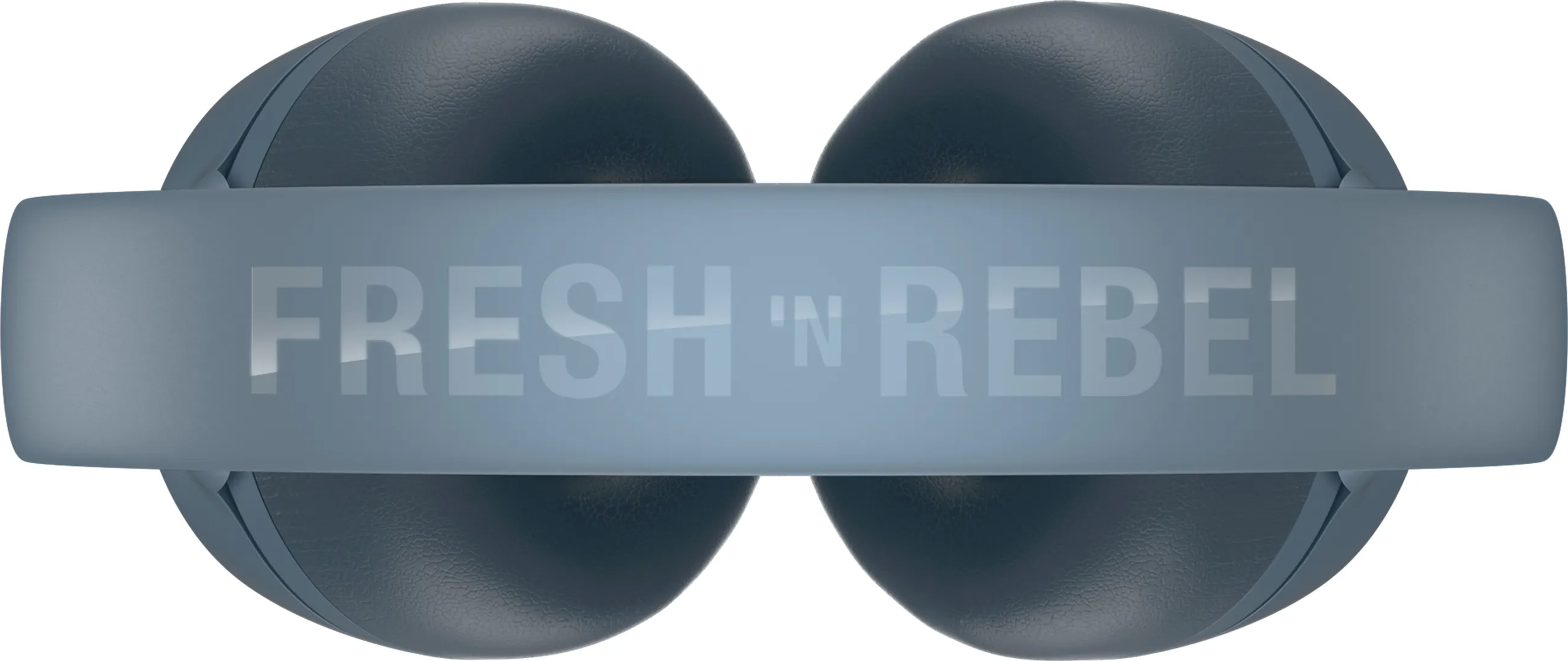 Kopfhörer mit blauen Ohrmuscheln und einem grauen Kopfband. Auf dem Kopfband steht 'FRESH 'N REBEL'.
