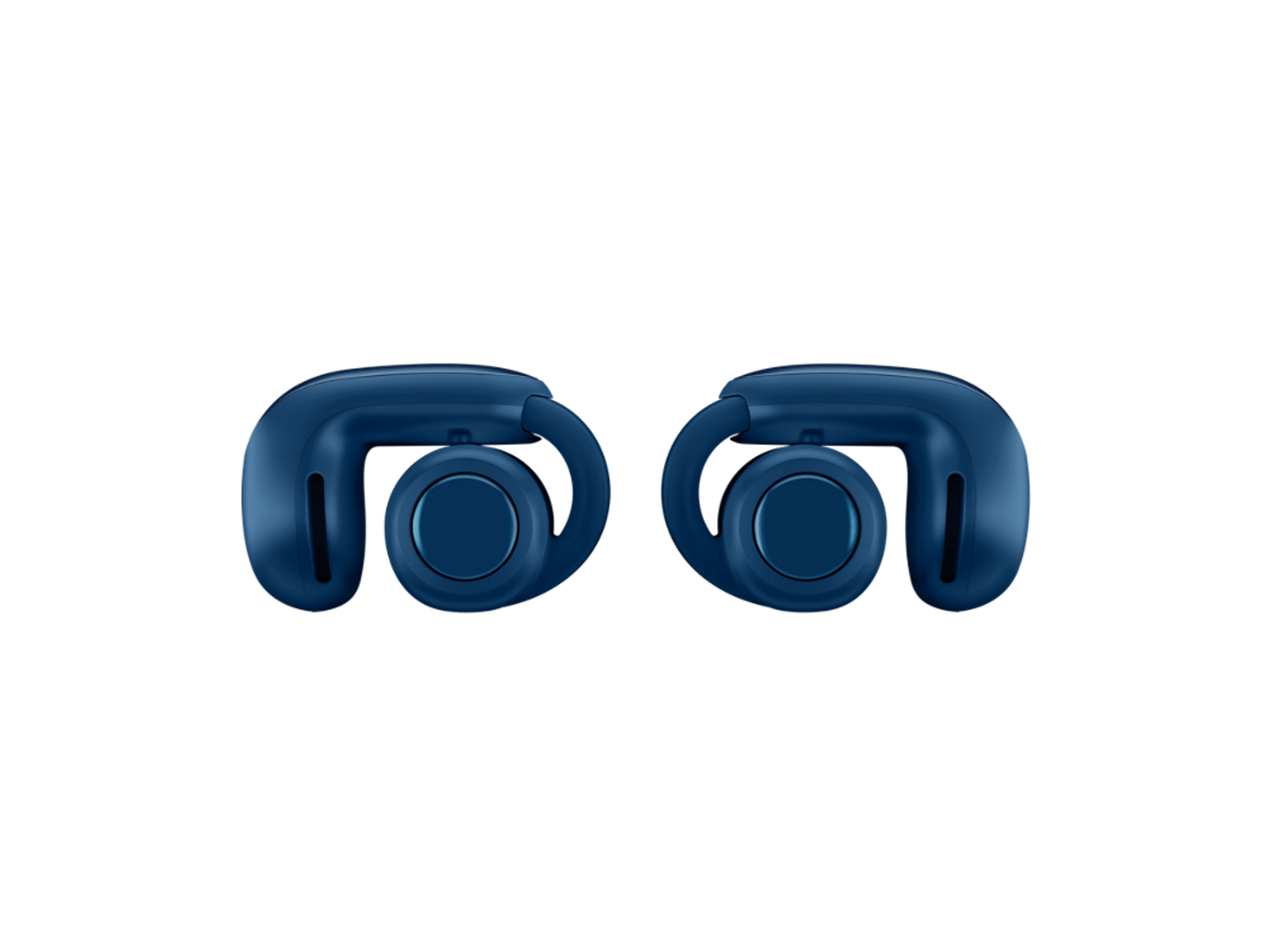 Dwa niebieskie bezprzewodowe słuchawki, każda z okrągłą wkładką douszną i zakrzywionym haczykiem na ucho, są odizolowane na czarnym tle.