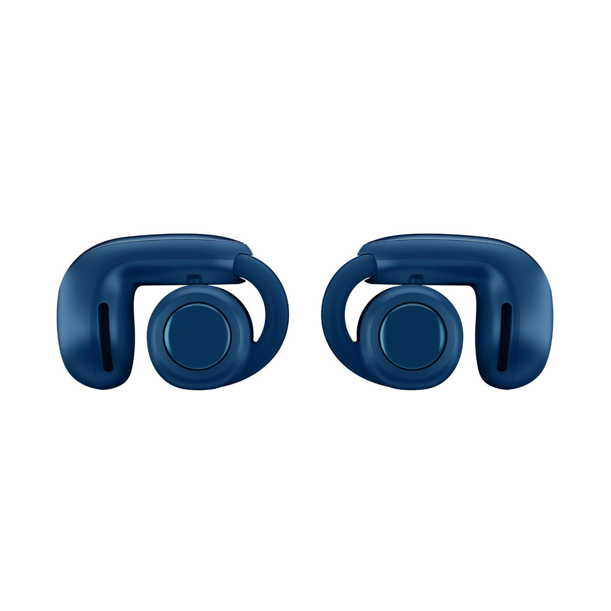 Dwa niebieskie bezprzewodowe słuchawki na białym tle. Każdy ma zaokrąglony kształt z haczykiem na ucho i okrągłym głośnikiem.