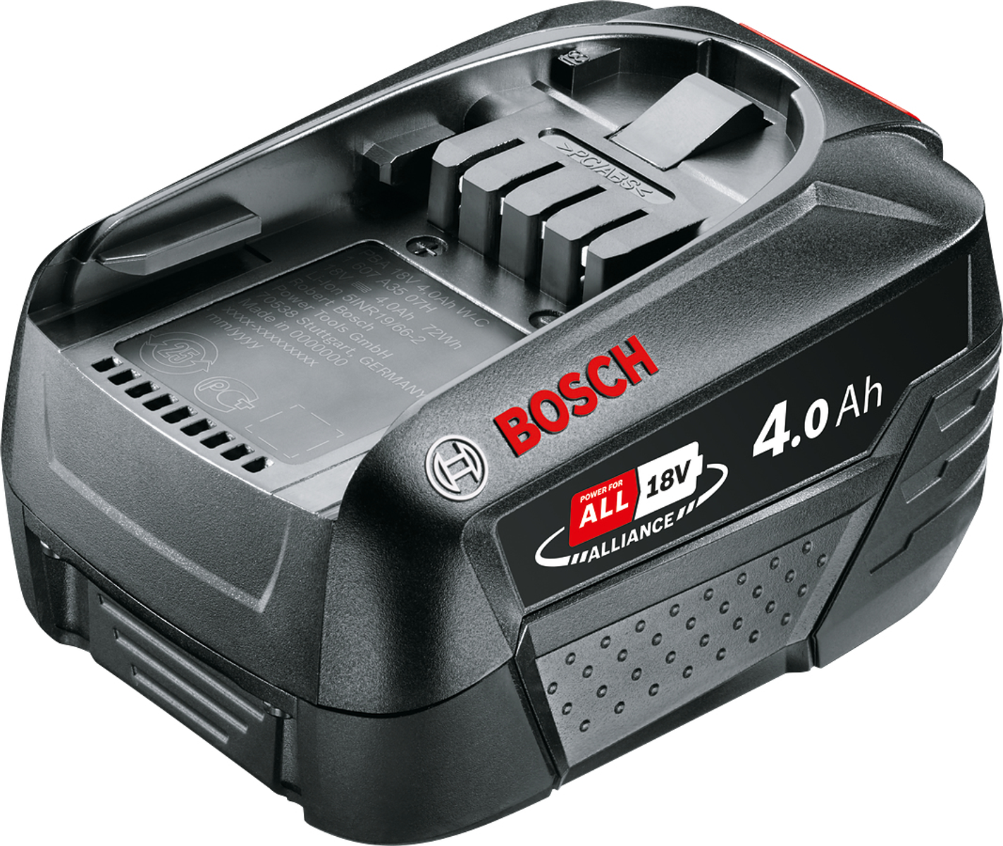 Un paquete de baterías negro Bosch de 4.0 Ah 18V. La batería tiene una parte superior gris y un logotipo rojo de Bosch.
