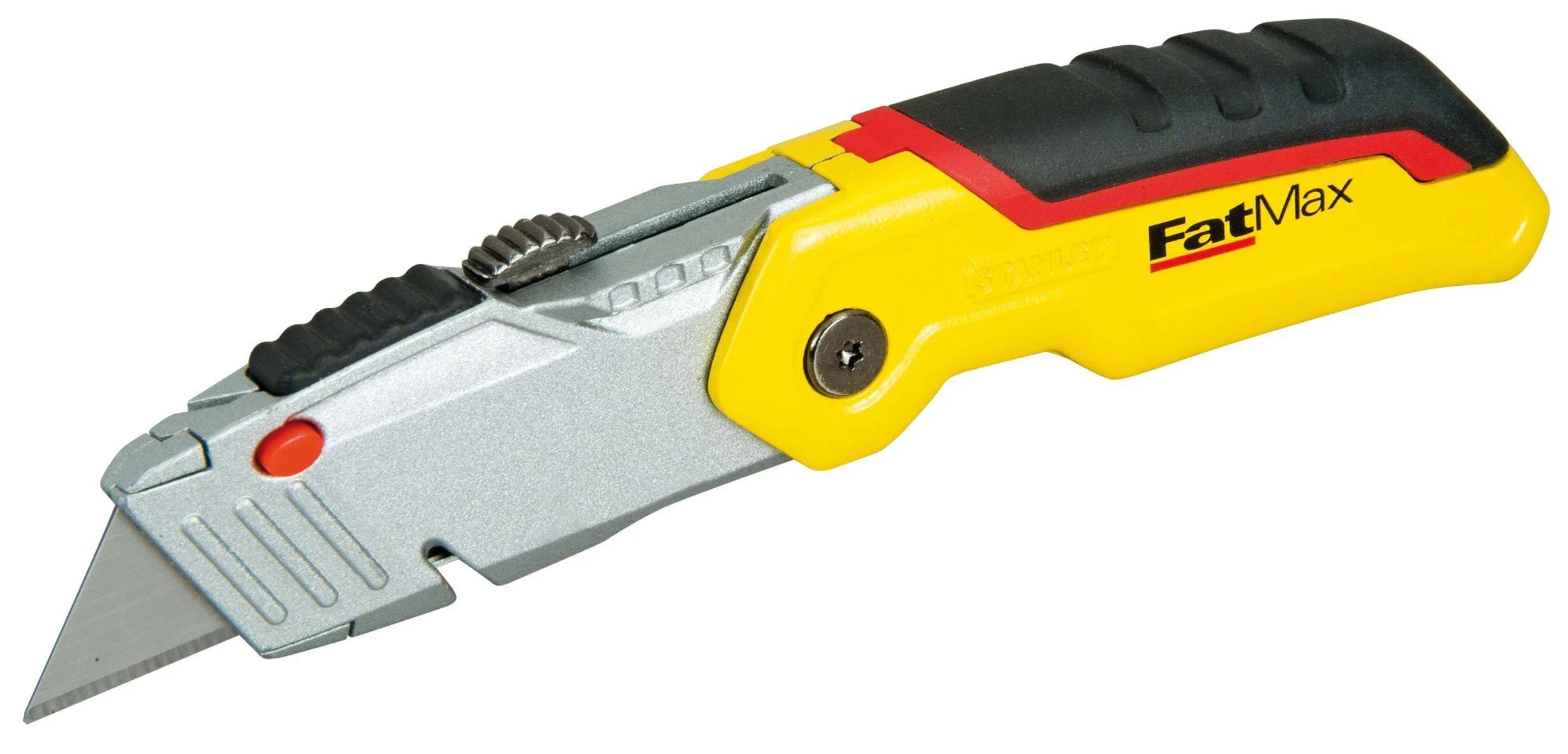 Ein gelbes und schwarzes Stanley FatMax-Utility-Messer. Die Klinge ist silberfarben, der Griff ist gelb und schwarz und hat eine silberne Klingenfreigabe.