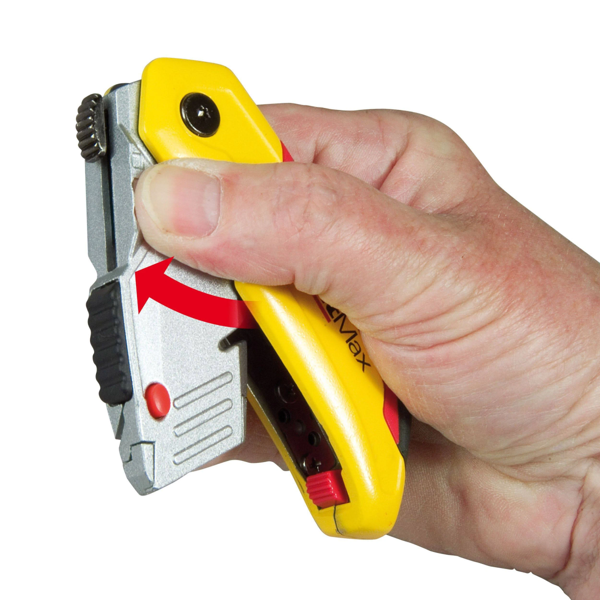 Eine Hand hält ein gelb-silbernes Universalmesser. Ein roter Pfeil zeigt die Bewegung der Klinge. Die Marke des Messers ist Max.