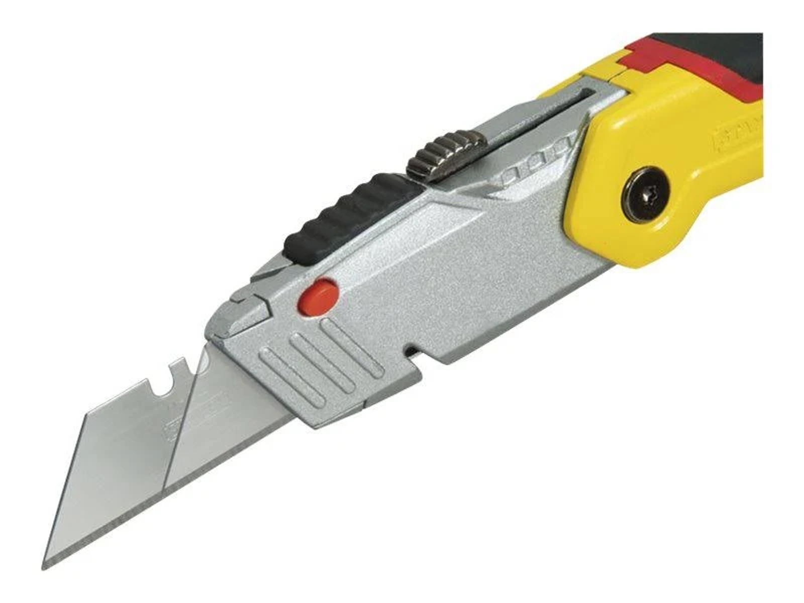 Ein gelbes und silbernes Teppichmesser ist im Winkel dargestellt. Die Klinge ist ausgefahren, der Griff ist gelb und schwarz.