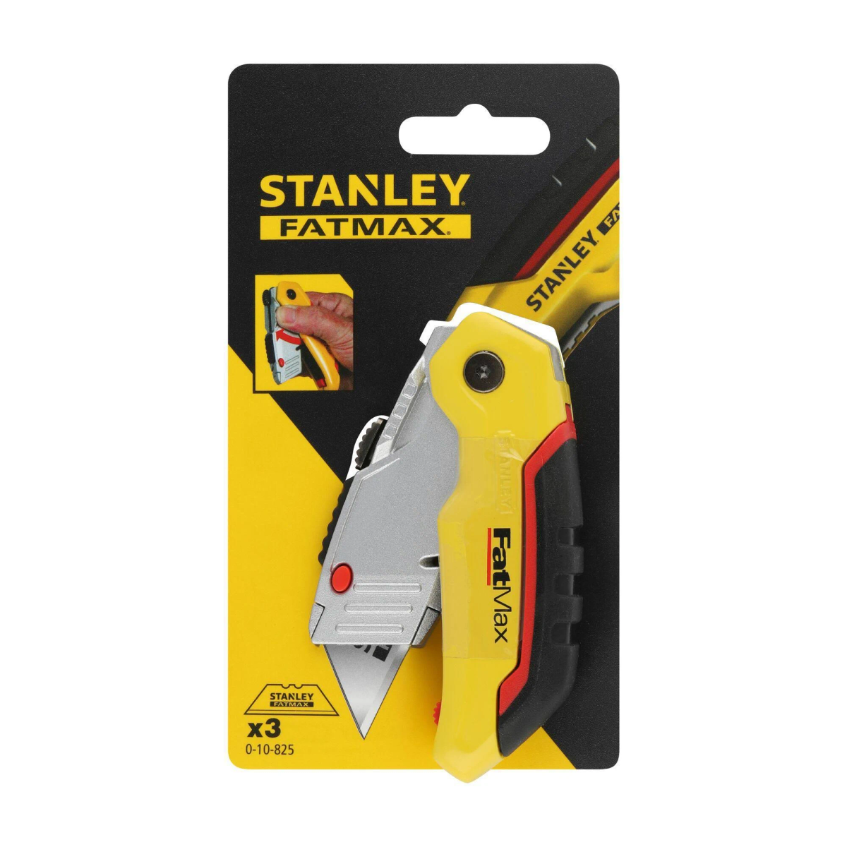 Ein Stanley FatMax Universalmesser wird auf einer schwarz-gelben Karte gezeigt. Das Messer ist gelb, silber, rot und schwarz.