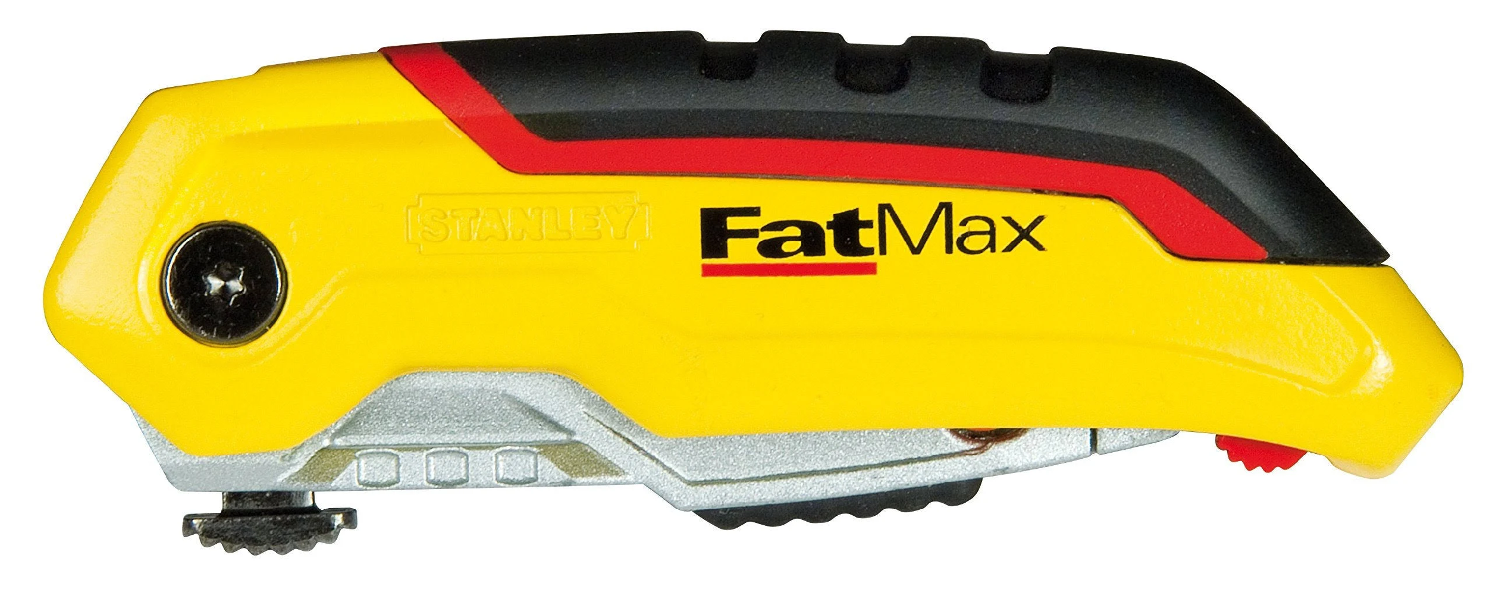 Gelb-schwarzes Stanley FatMax-Utility-Messer. Rote Akzente, Metallklinge. Schwarzer Griff mit rotem Streifen. Schraubendetail an der Seite.