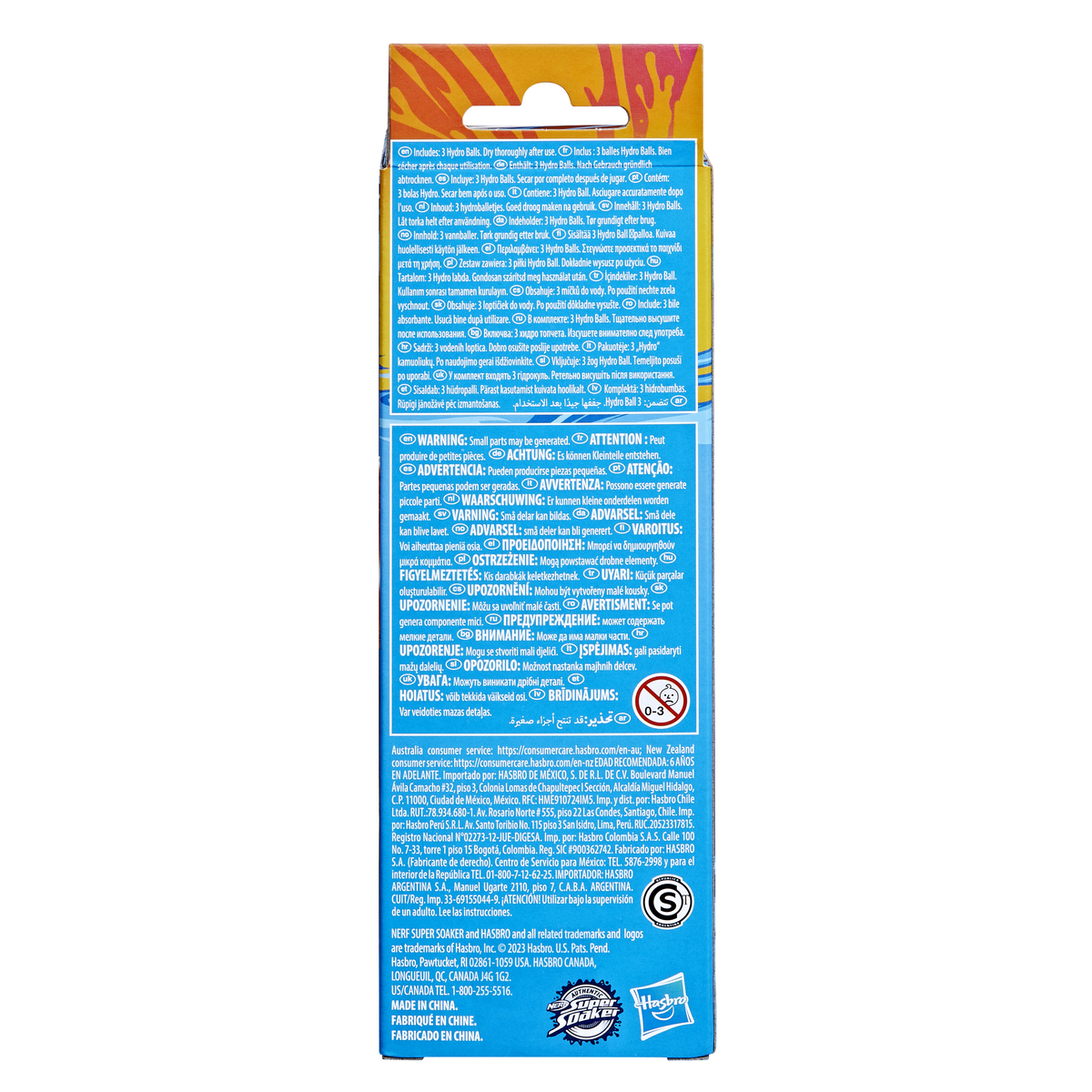 Pudełko z tekstem w wielu językach, ostrzeżenie małe części. Białe tło, logo Hasbro.