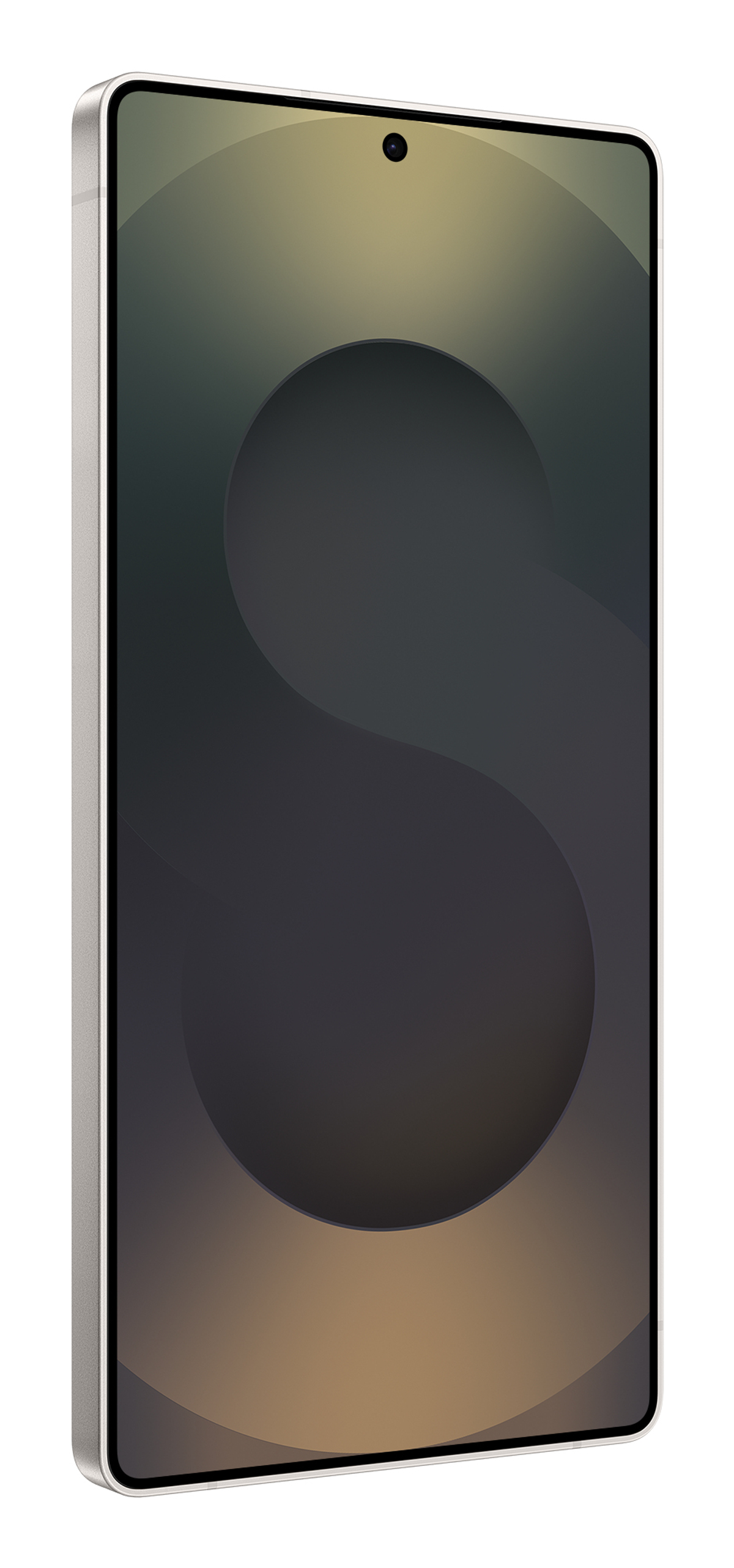 Pokazano smartfon ze srebrną ramką. Ekran ma ciemny, abstrakcyjny wzór z okrągłym kształtem.