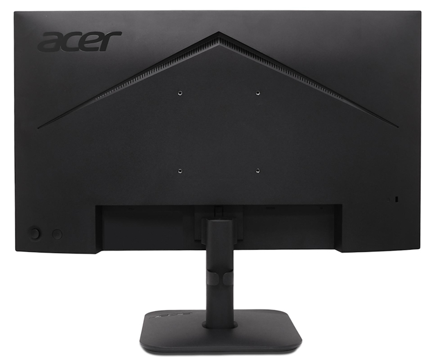 Tył czarnego monitora Acer. Logo Acer znajduje się po lewej stronie u góry. Podstawa wspiera ekran. Białe tło.