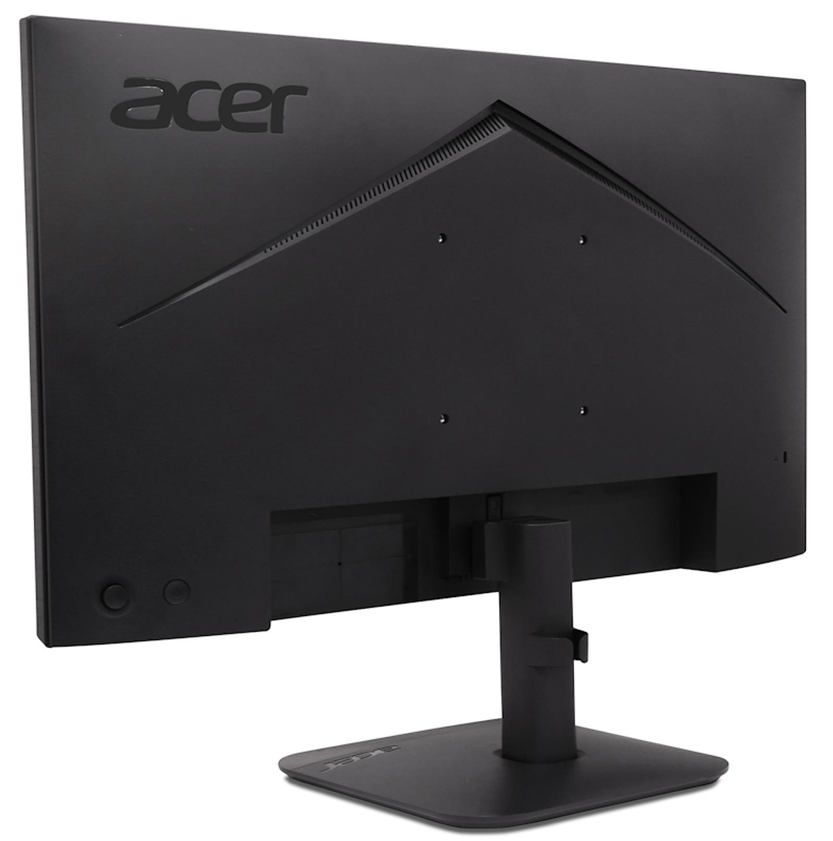 Widok z tyłu czarnego monitora Acer. Logo Acer znajduje się w lewym górnym rogu. Monitor stoi na podstawie.