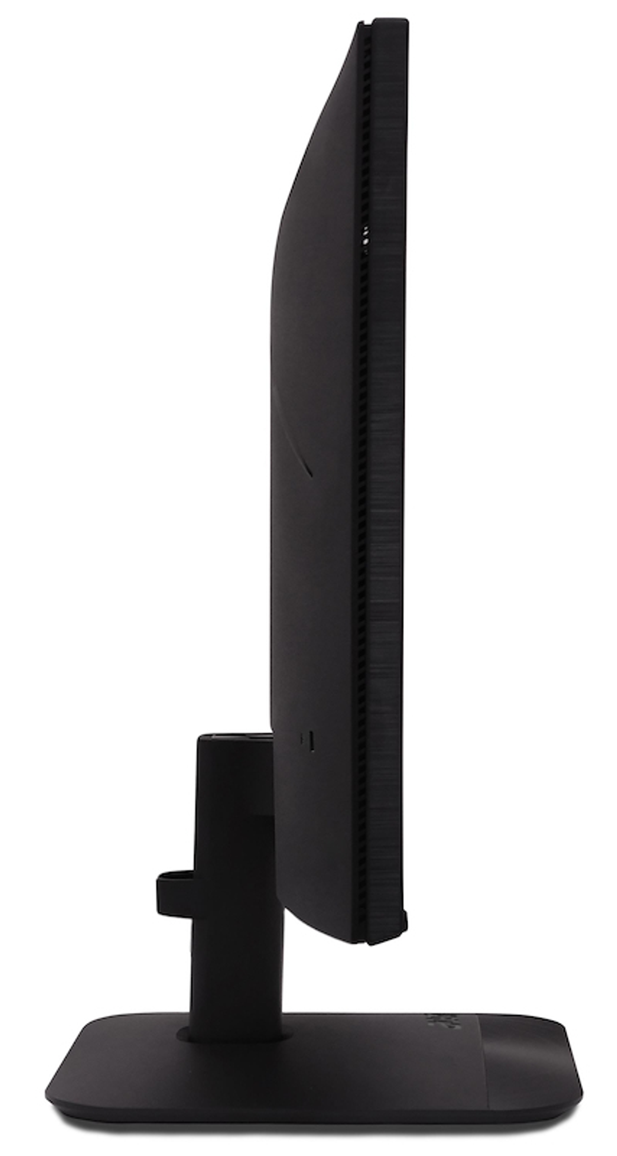 Widok z boku czarnego monitora komputerowego. Ma prostokątną podstawę, stojak i duży ekran. Tło jest białe.
