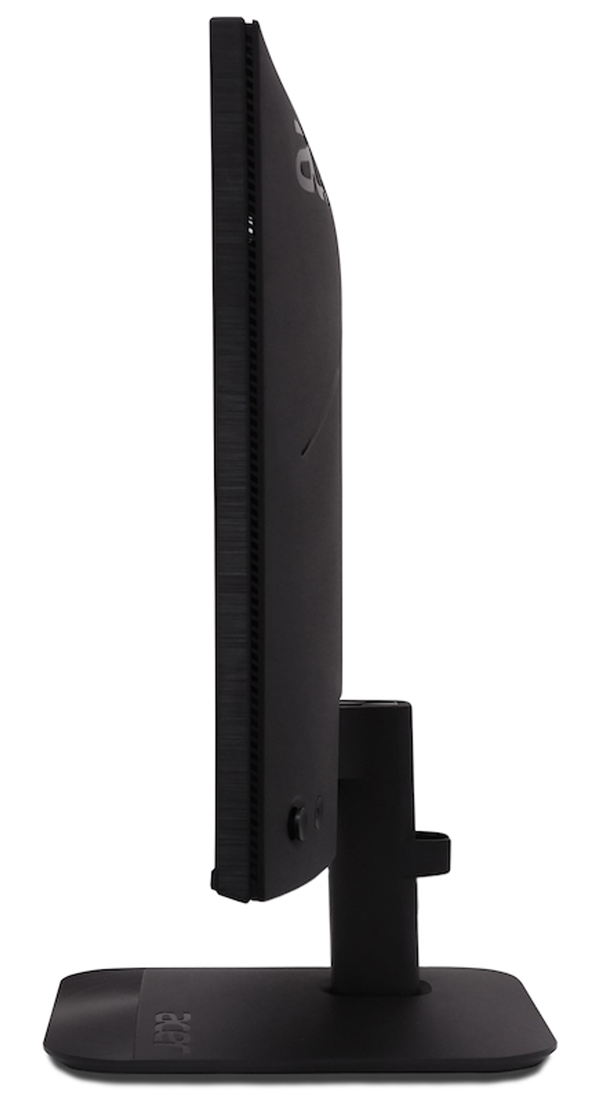 Widok z boku czarnego monitora Acer. Monitor stoi na czarnym stojaku. Tło jest białe.