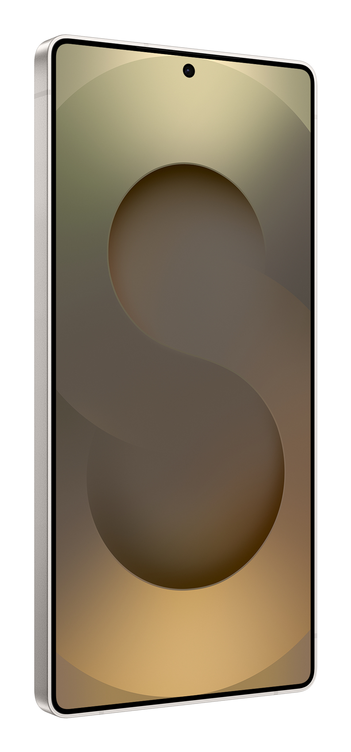 Smartfon z gradientowym złotym wyświetlaczem. Ma czarną kropkę kamery i srebrną ramkę. Tło jest białe.