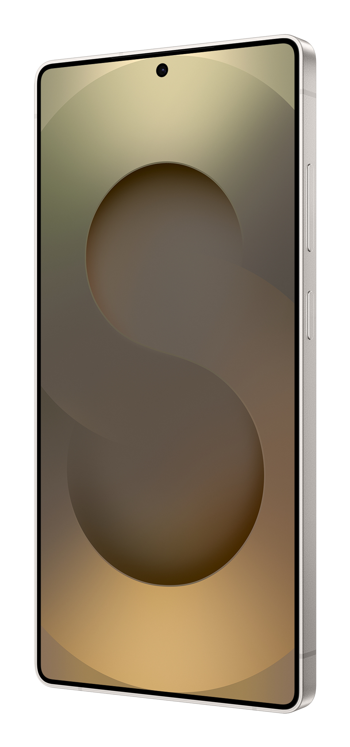 Smartfon, srebrna ramka, ekran z abstrakcyjnym brązowo-żółtym wzorem. Aparat jest u góry.