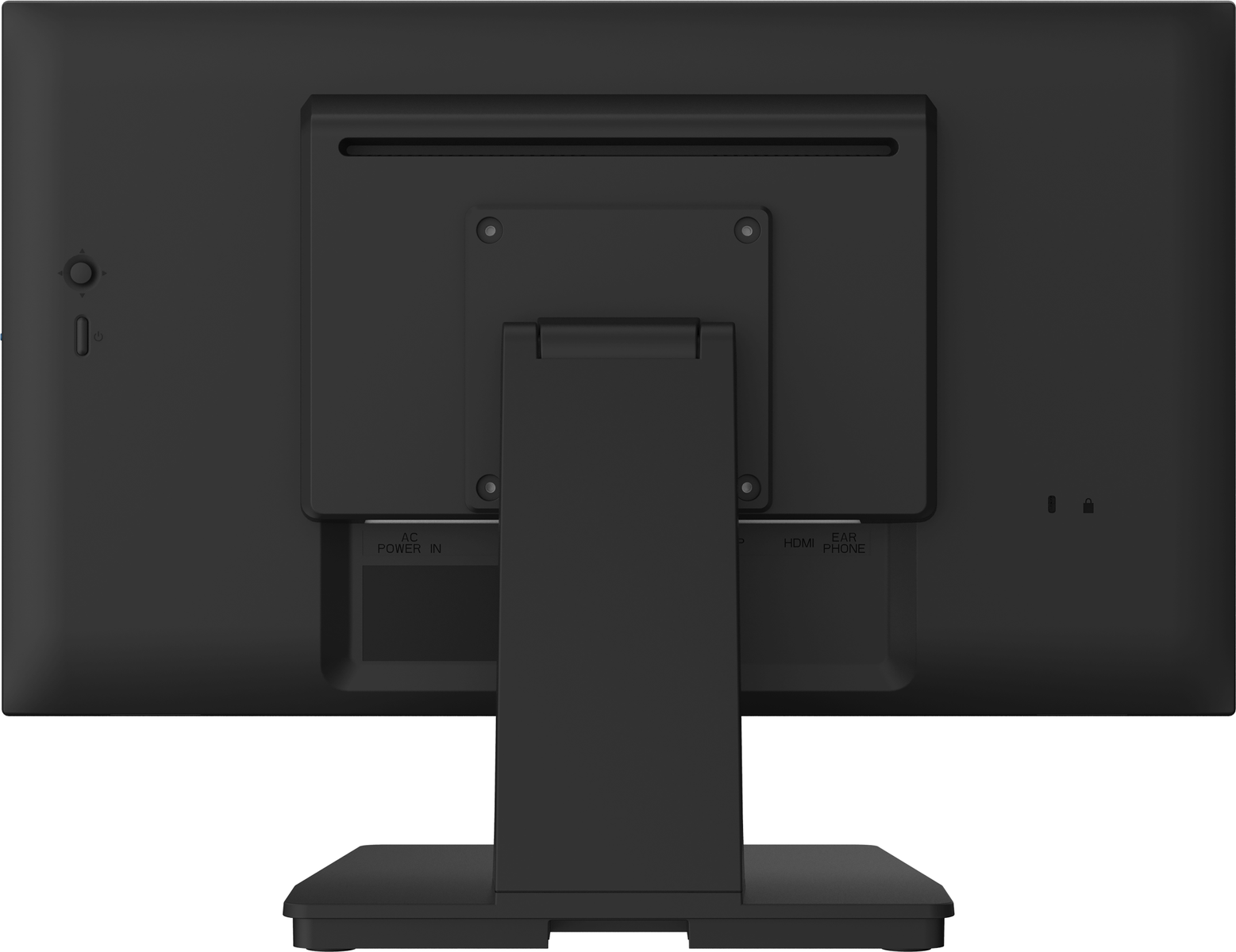 Tył czarnego monitora. Posiada podstawę, porty zasilania AC, HDMI i słuchawkowe. Ma przycisk zasilania i blokadę zabezpieczeń.