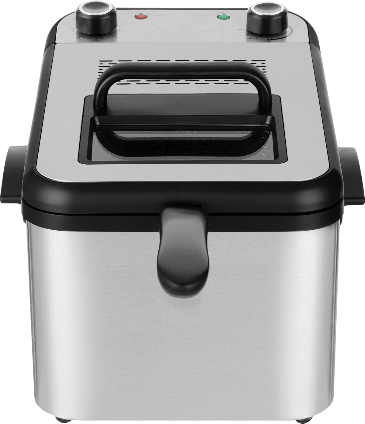 A silver deep fryer with black accents. It has a handle, control knobs, and an indicator light. The fryer sits on a white surface.