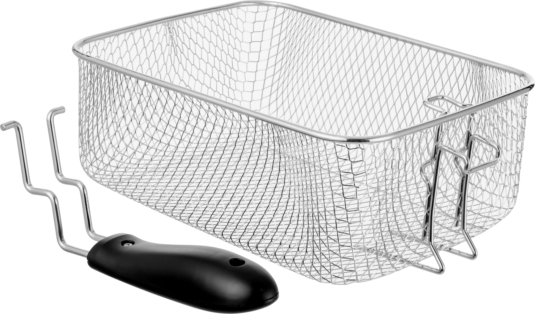 A stainless steel deep fryer basket with a black handle, on a white background. The basket is rectangular, with a wire mesh.