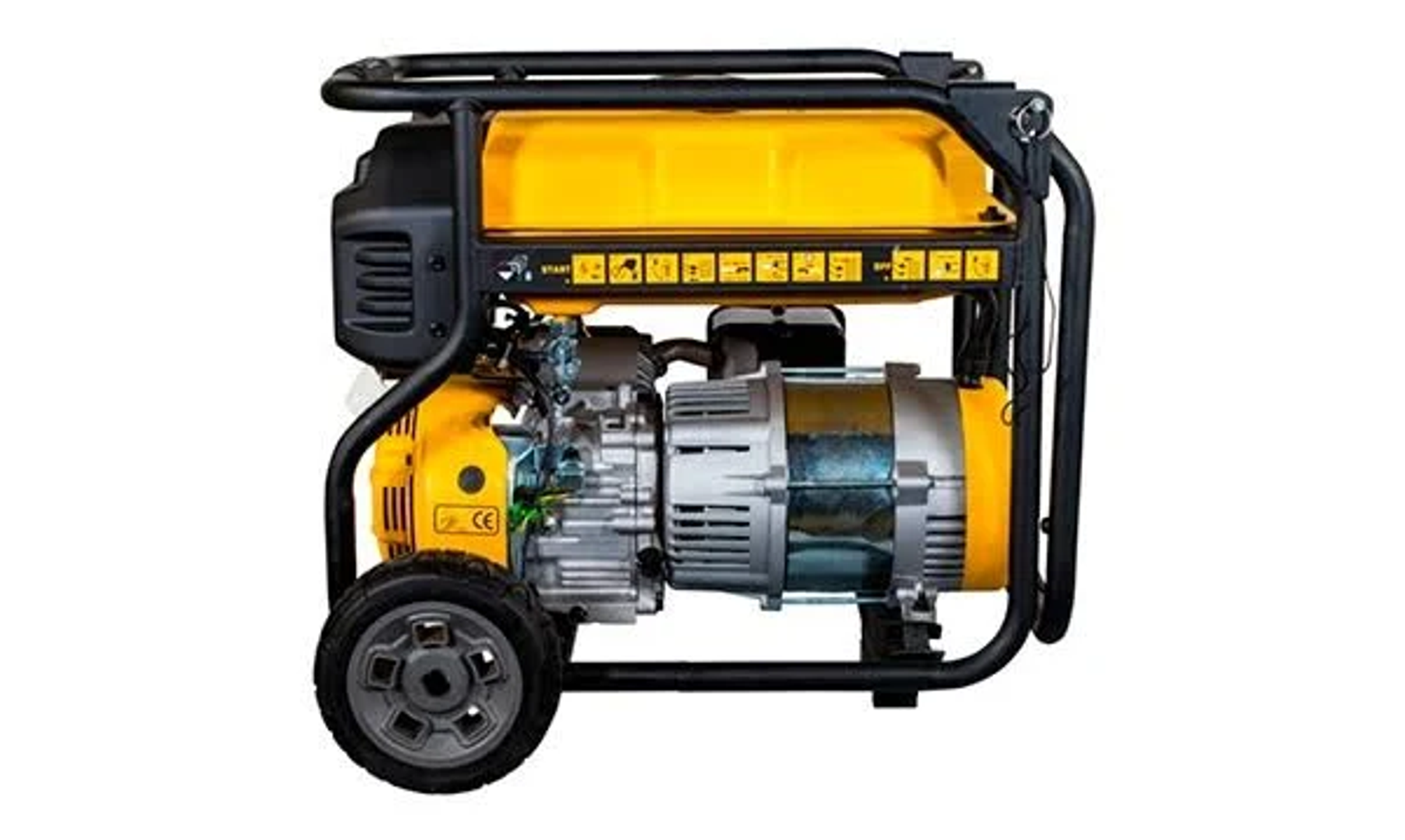 Un generador portátil amarillo y negro, sobre un fondo blanco. Tiene una rueda y un marco de metal negro.