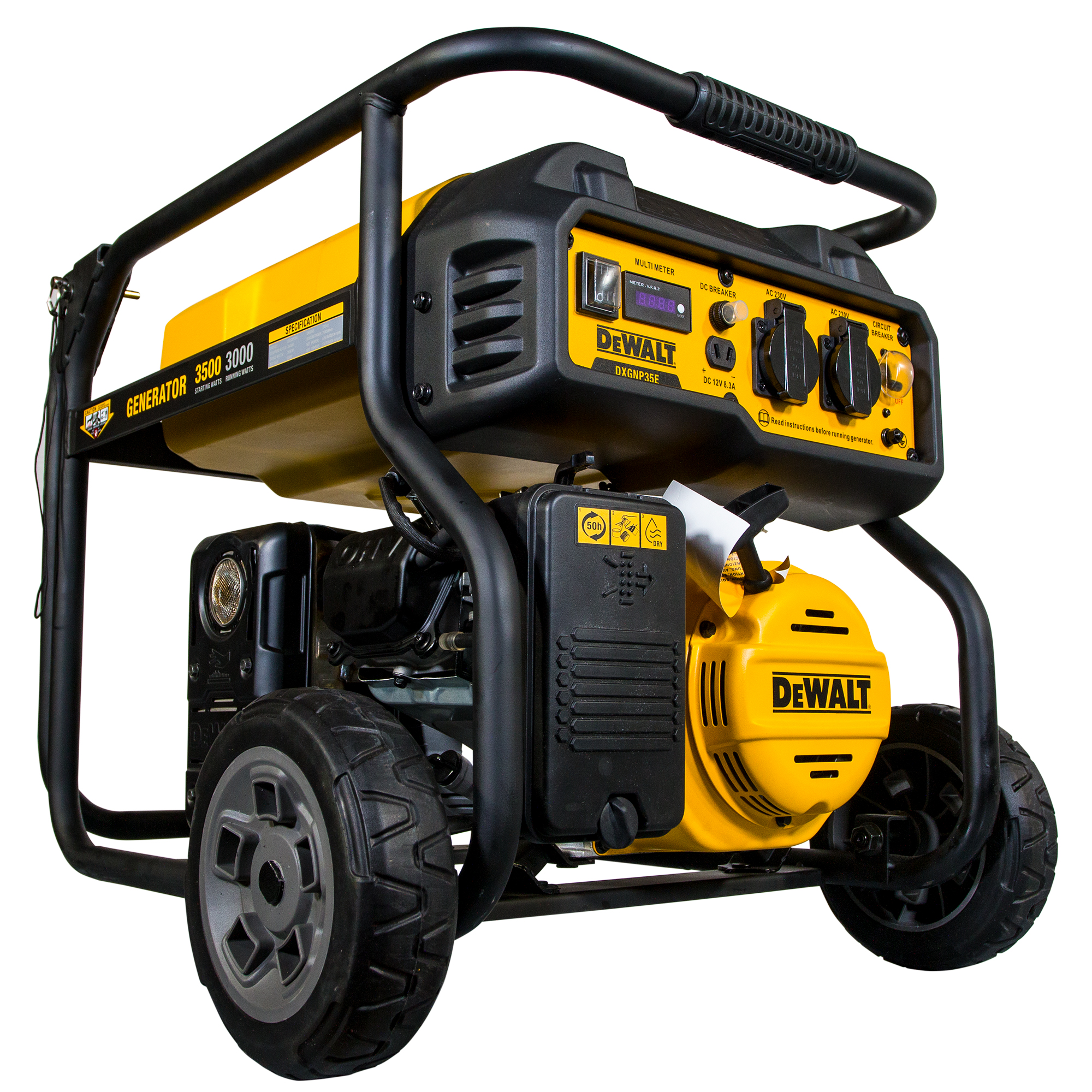 Un generador DeWalt amarillo y negro con ruedas. Incluye controles, una pantalla digital y un marco protector.