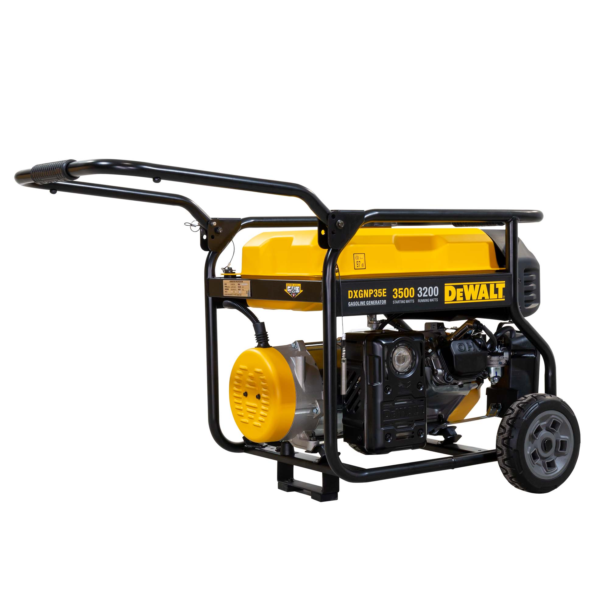 Un generador DeWalt amarillo y negro sobre ruedas. Tiene un asa y un marco negro. El fondo es blanco.