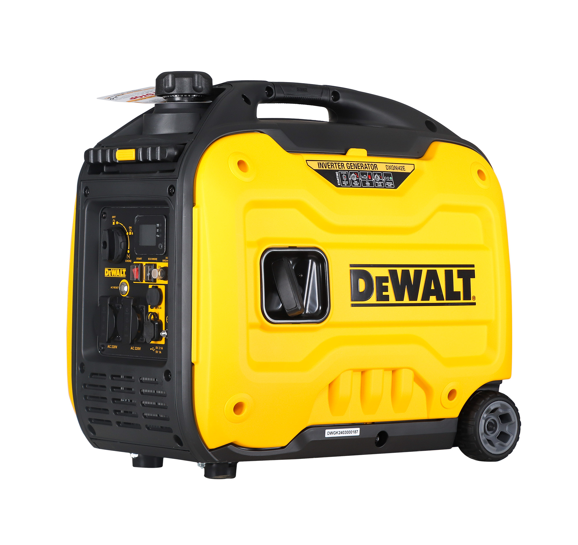 Un generador inversor DeWalt amarillo y negro con varios paneles de control y el logotipo de DeWalt. Tiene un asa y ruedas.