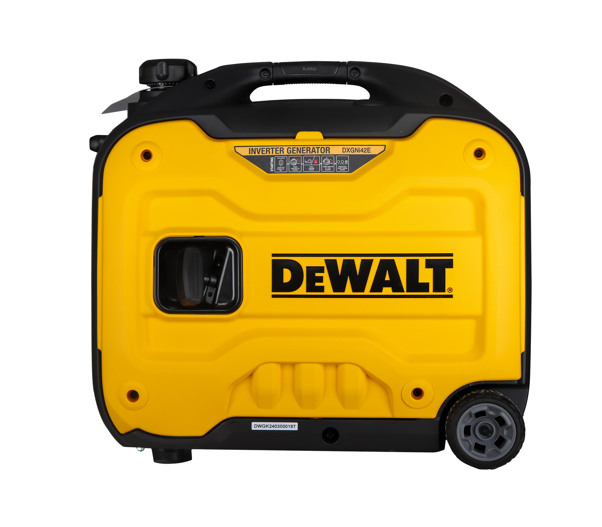 Generador inversor DeWalt amarillo y negro. Tiene asa negra, cuerpo amarillo y ruedas. La marca es visible.