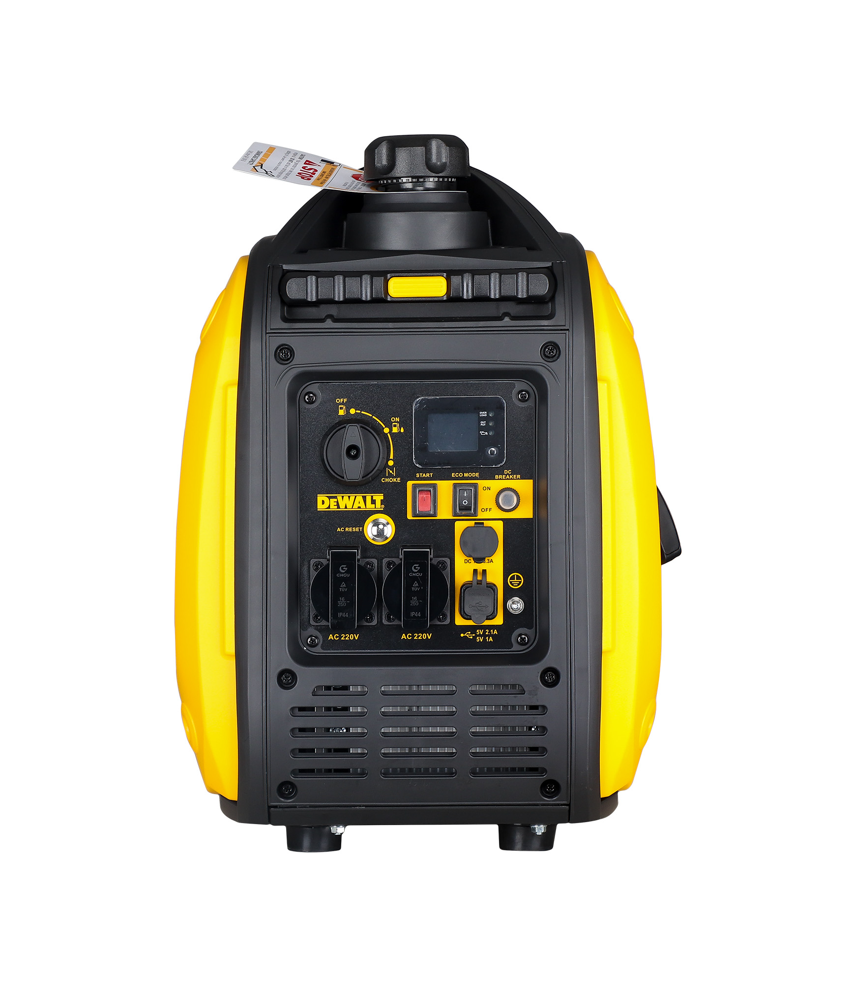 Generador DeWalt amarillo y negro. Tiene varios botones y enchufes. Una etiqueta está adjunta en la parte superior.