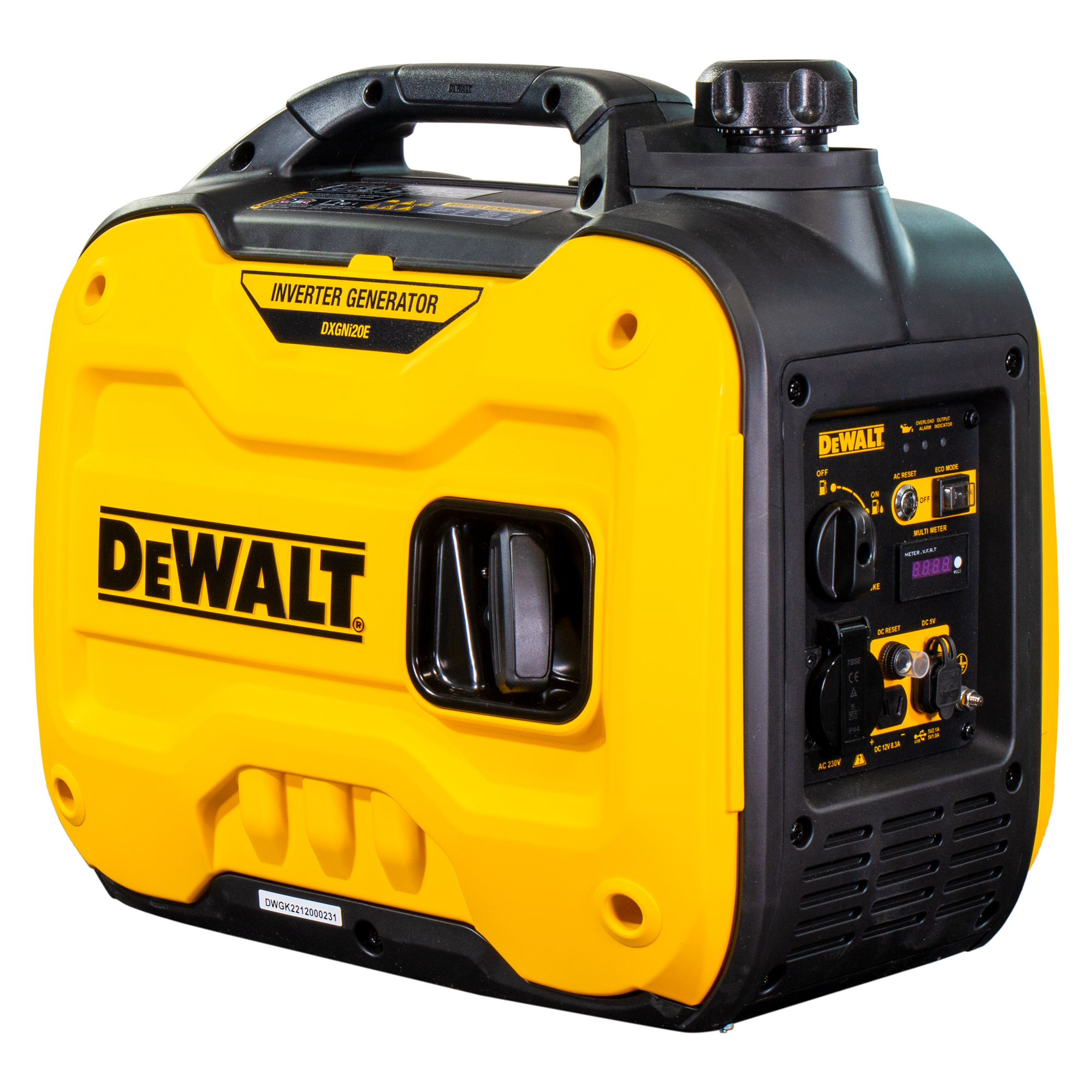 Generador inversor DeWalt amarillo y negro. Tiene asa, panel de control y múltiples enchufes. La marca es prominente.