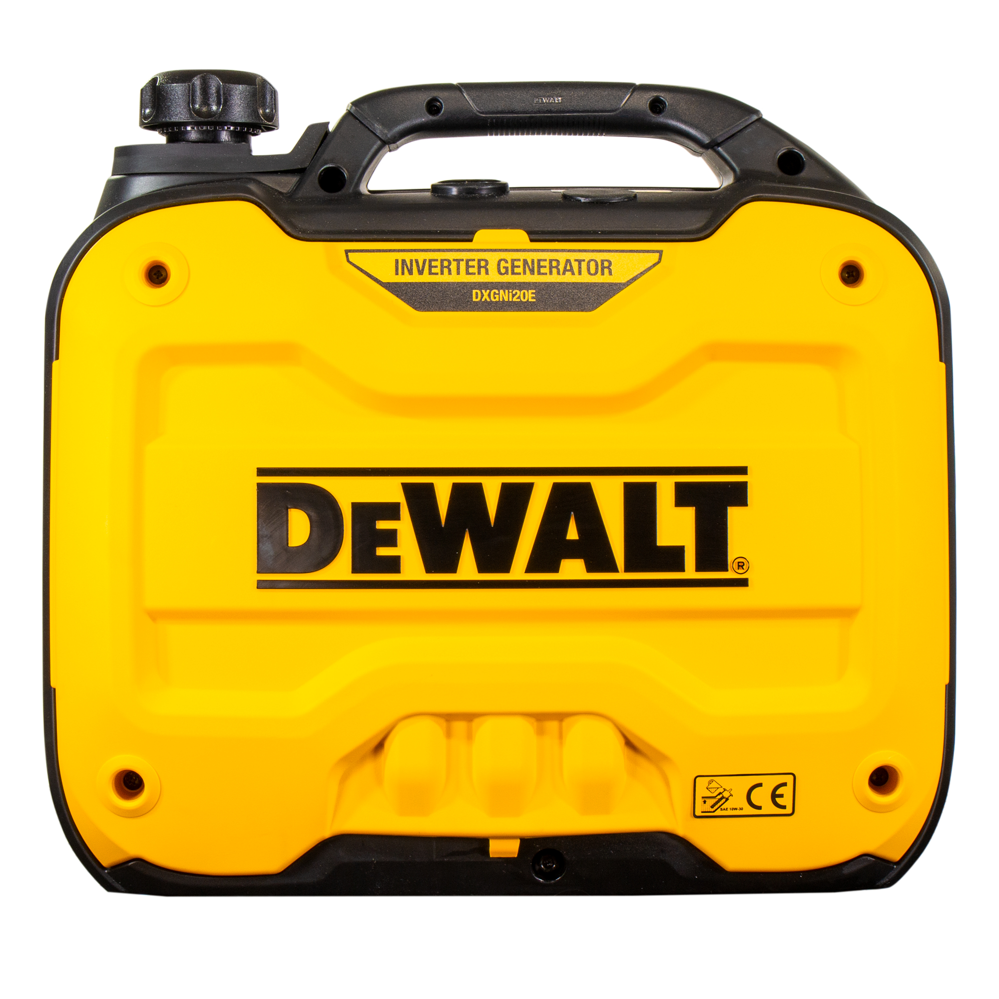 Generador inversor DeWalt amarillo y negro. Asa, logotipo y detalles en negro. Cuenta con una tapa de combustible y un panel de control.