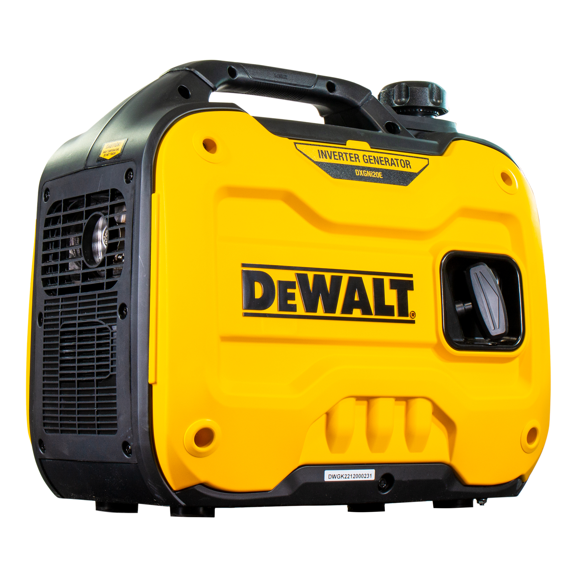 Generador inversor DeWalt amarillo y negro. Cuenta con asa, ventilación y panel de control. El fondo es blanco.