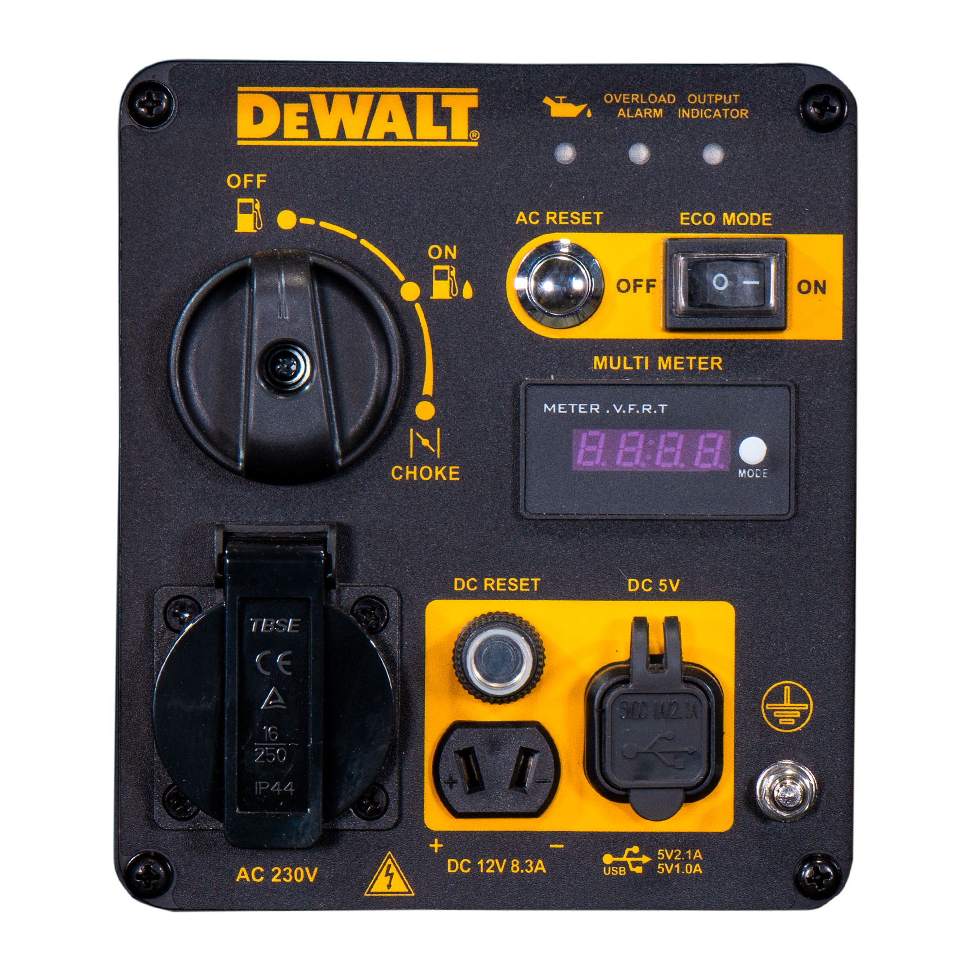 Panel de control DeWalt negro y amarillo. Incluye un estrangulador, salidas CA y CC, medidores y varias luces indicadoras.