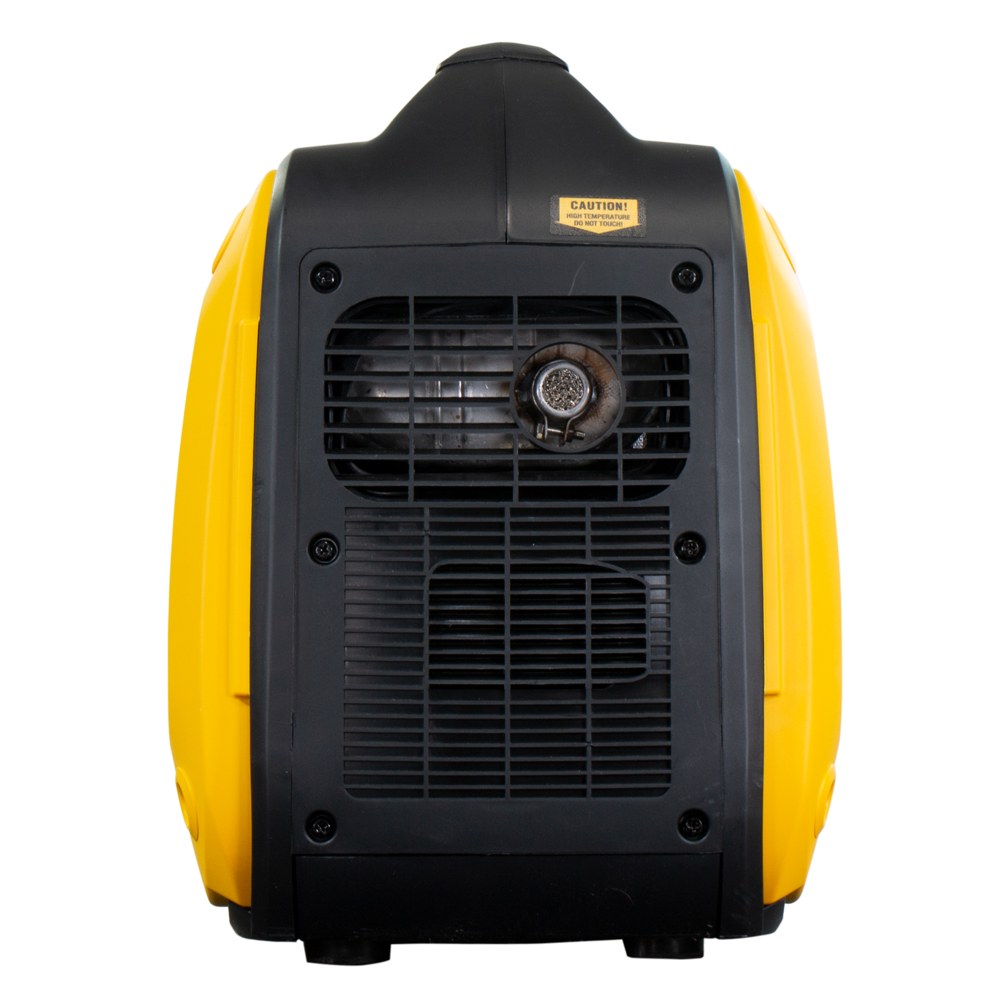 Un generador portátil amarillo y negro. Tiene una etiqueta de precaución. La parte trasera tiene un ventilador y una ventilación.